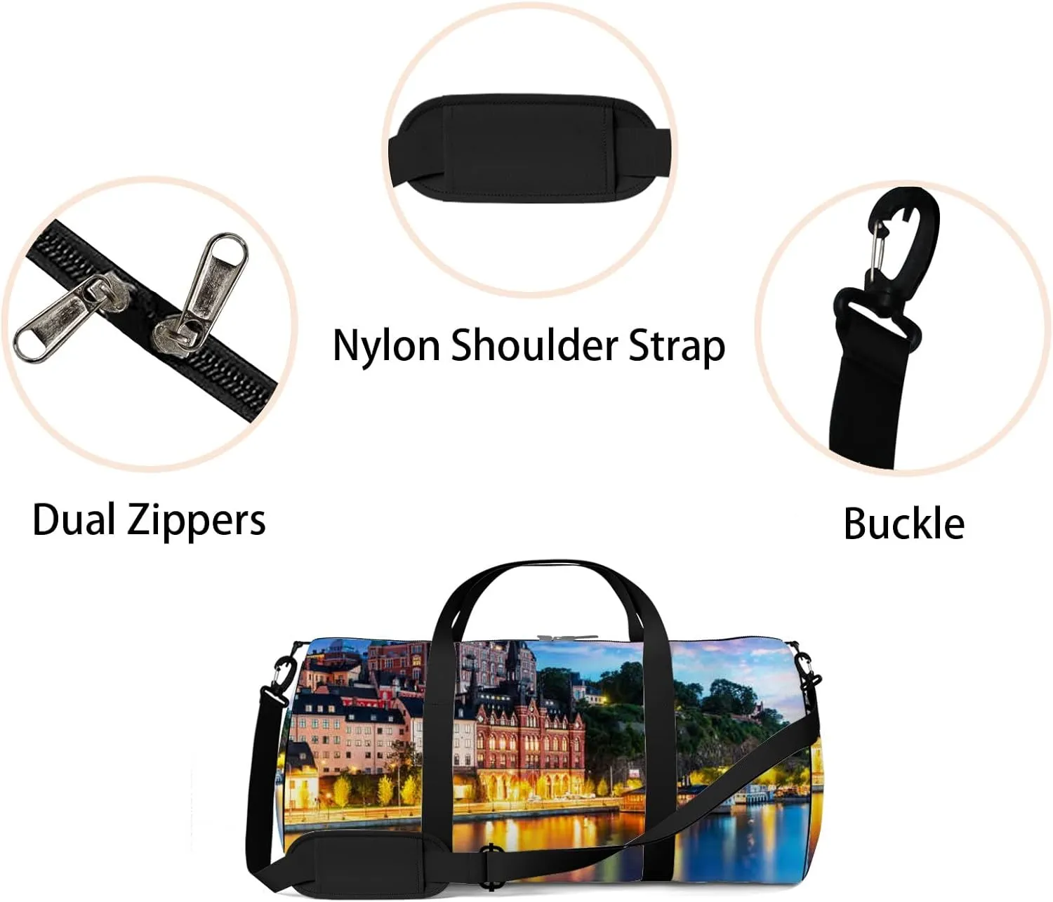 Pink Blue Scenic Evening View Old Town Pier Sports Bag Tote Bag Waterproof Gym Bag with Shoulder Strap Zipper 2 Side Pockets for Men and Women, Travel and Storage Shoulder Bag.