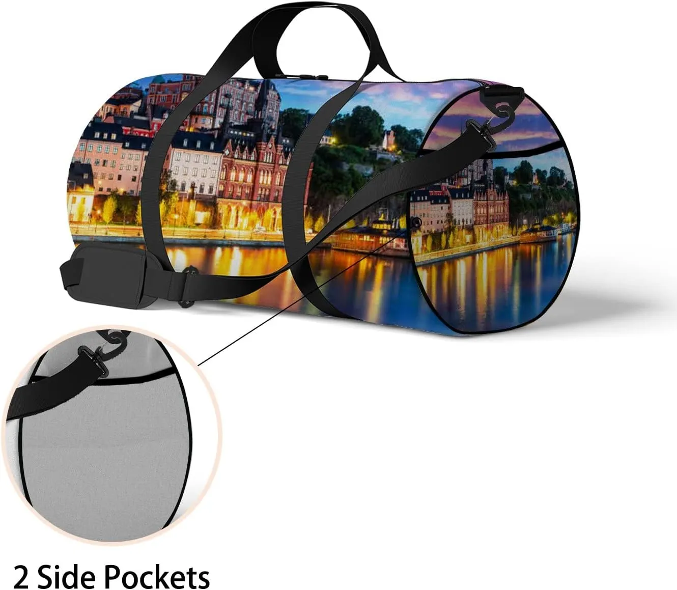Pink Blue Scenic Evening View Old Town Pier Sports Bag Tote Bag Waterproof Gym Bag with Shoulder Strap Zipper 2 Side Pockets for Men and Women, Travel and Storage Shoulder Bag.