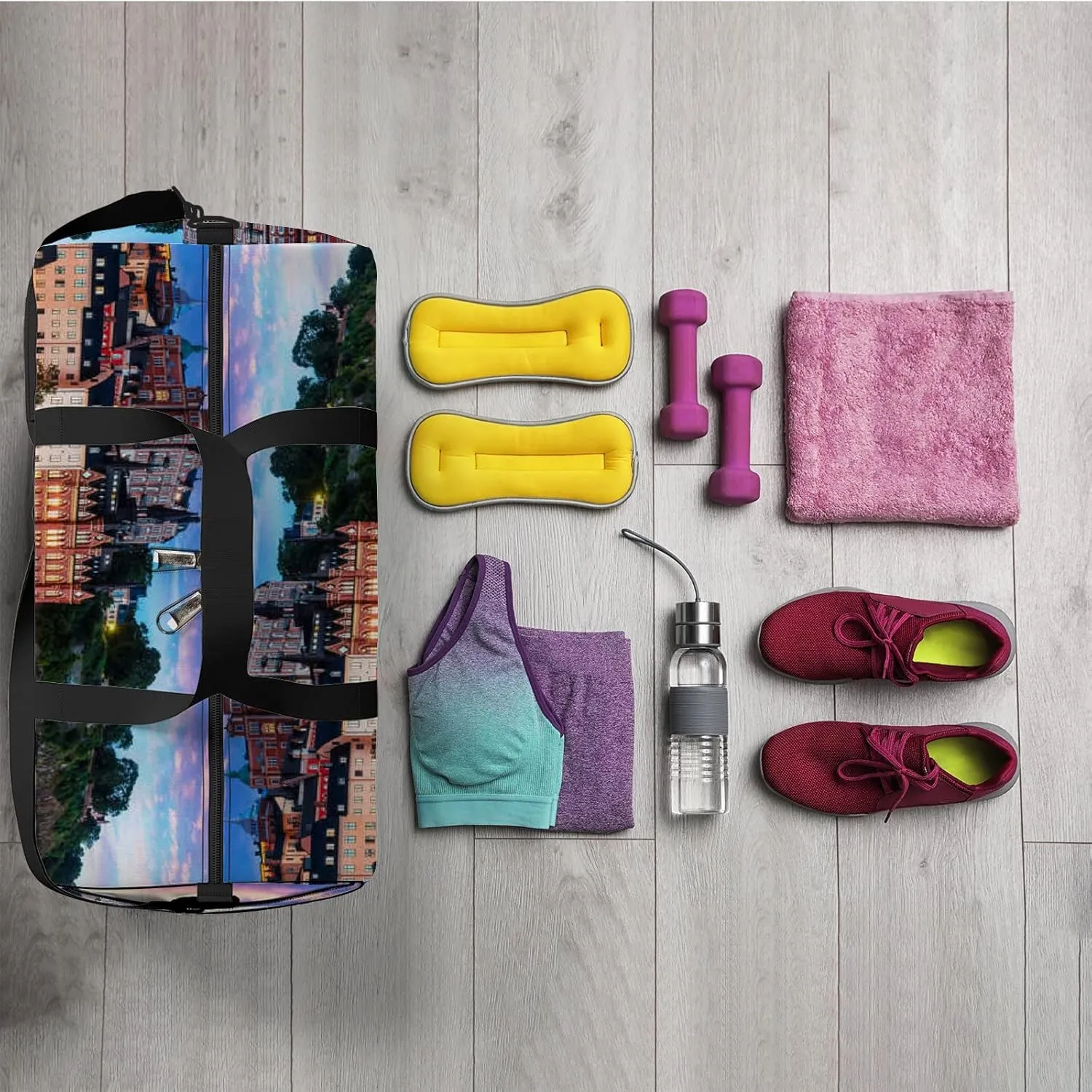 Pink Blue Scenic Evening View Old Town Pier Sports Bag Tote Bag Waterproof Gym Bag with Shoulder Strap Zipper 2 Side Pockets for Men and Women, Travel and Storage Shoulder Bag.