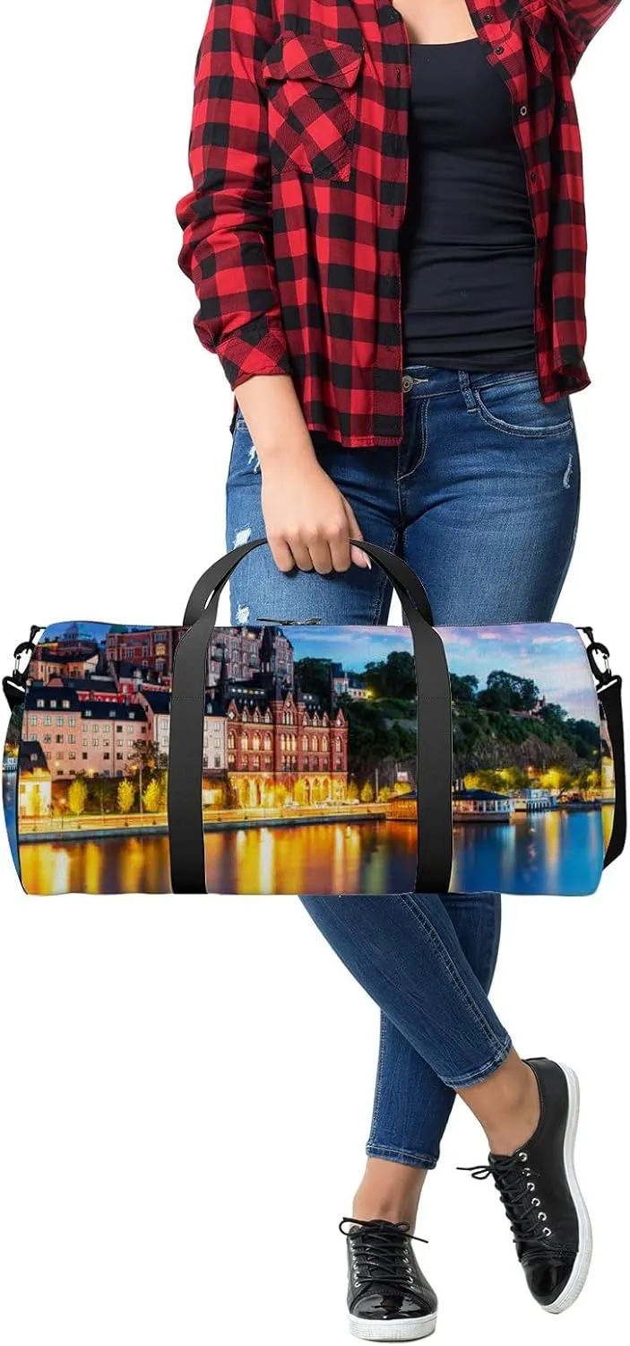 Pink Blue Scenic Evening View Old Town Pier Sports Bag Tote Bag Waterproof Gym Bag with Shoulder Strap Zipper 2 Side Pockets for Men and Women, Travel and Storage Shoulder Bag.