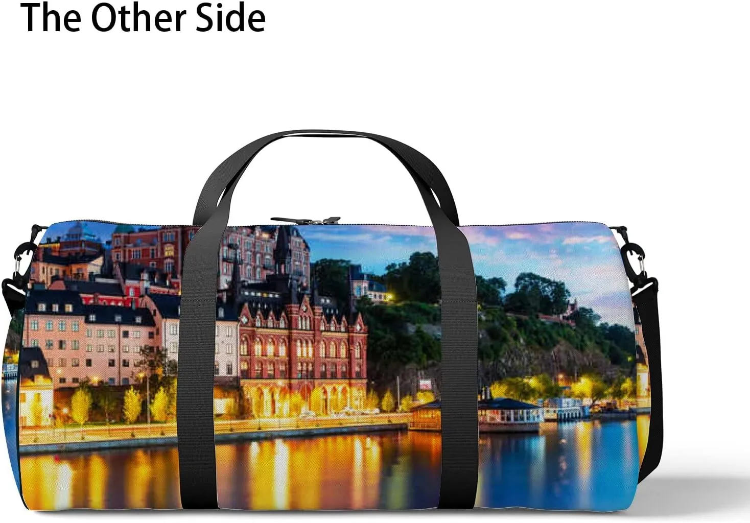 Pink Blue Scenic Evening View Old Town Pier Sports Bag Tote Bag Waterproof Gym Bag with Shoulder Strap Zipper 2 Side Pockets for Men and Women, Travel and Storage Shoulder Bag.