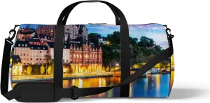 Pink Blue Scenic Evening View Old Town Pier Sports Bag Tote Bag Waterproof Gym Bag with Shoulder Strap Zipper 2 Side Pockets for Men and Women, Travel and Storage Shoulder Bag.