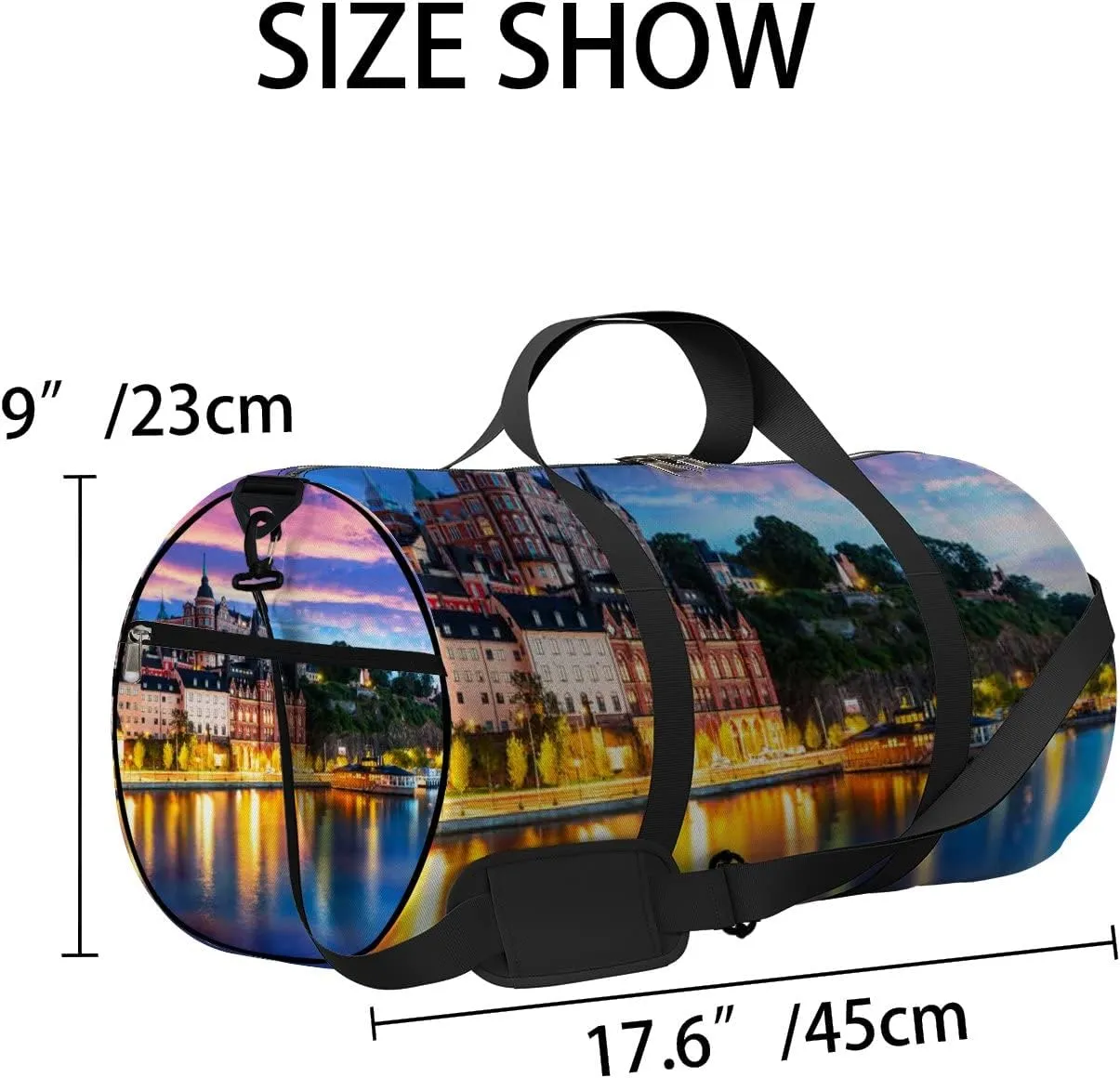 Pink Blue Scenic Evening View Old Town Pier Sports Bag Tote Bag Waterproof Gym Bag with Shoulder Strap Zipper 2 Side Pockets for Men and Women, Travel and Storage Shoulder Bag.