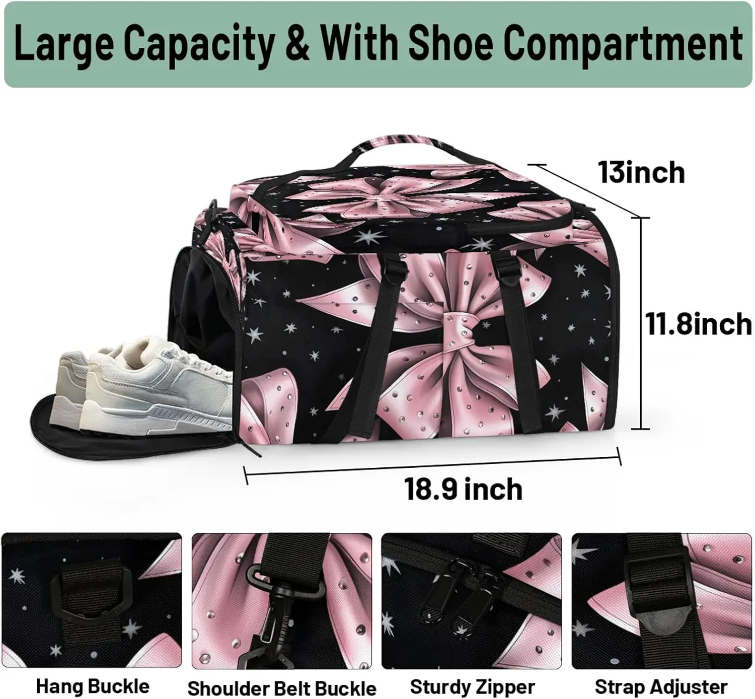 Pink Bowknot Gym Bags for Men Women Sports Backpack with Shoe Compartment 3-in-1 Tactical Duffle Bag for Overnight Weekender Travel