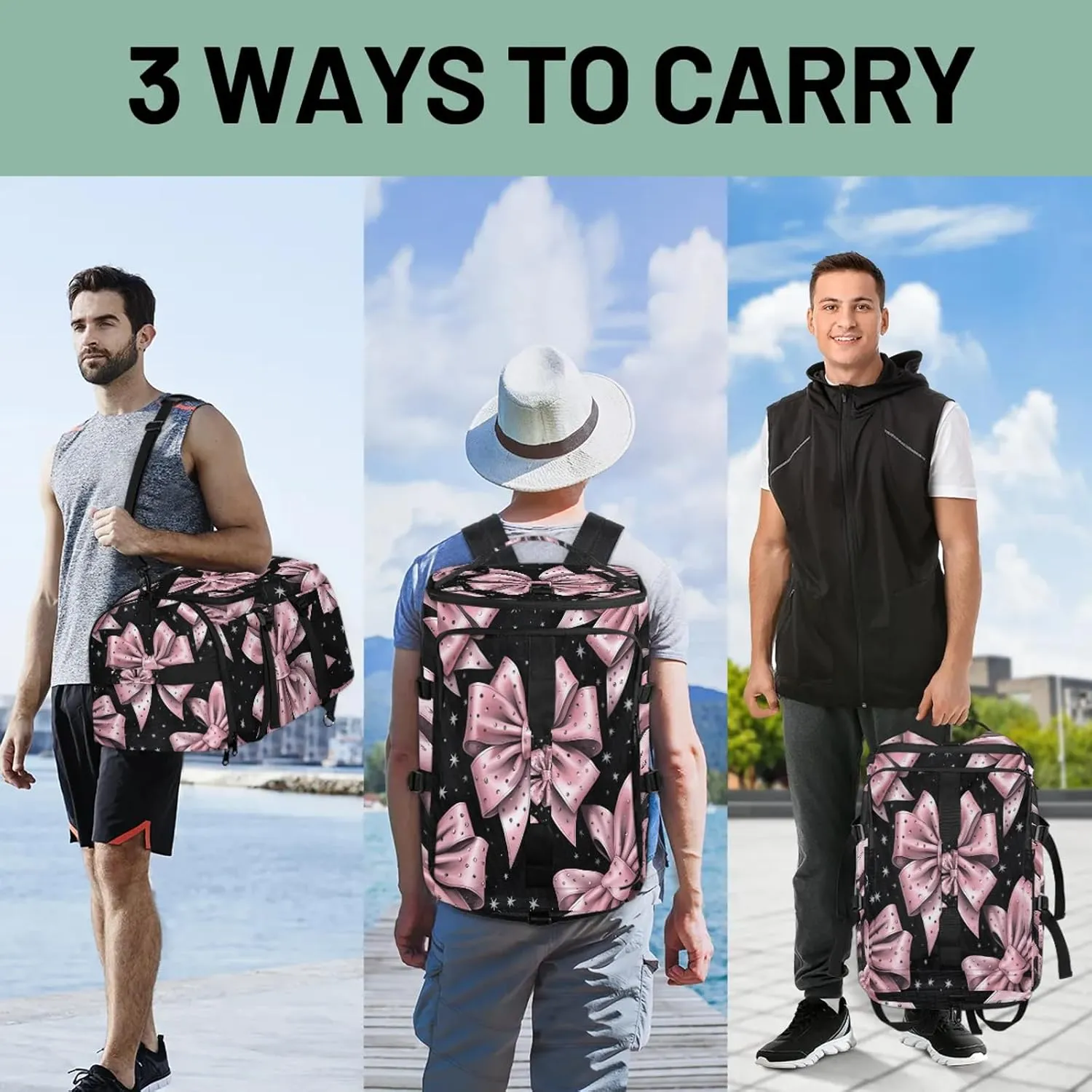 Pink Bowknot Gym Bags for Men Women Sports Backpack with Shoe Compartment 3-in-1 Tactical Duffle Bag for Overnight Weekender Travel