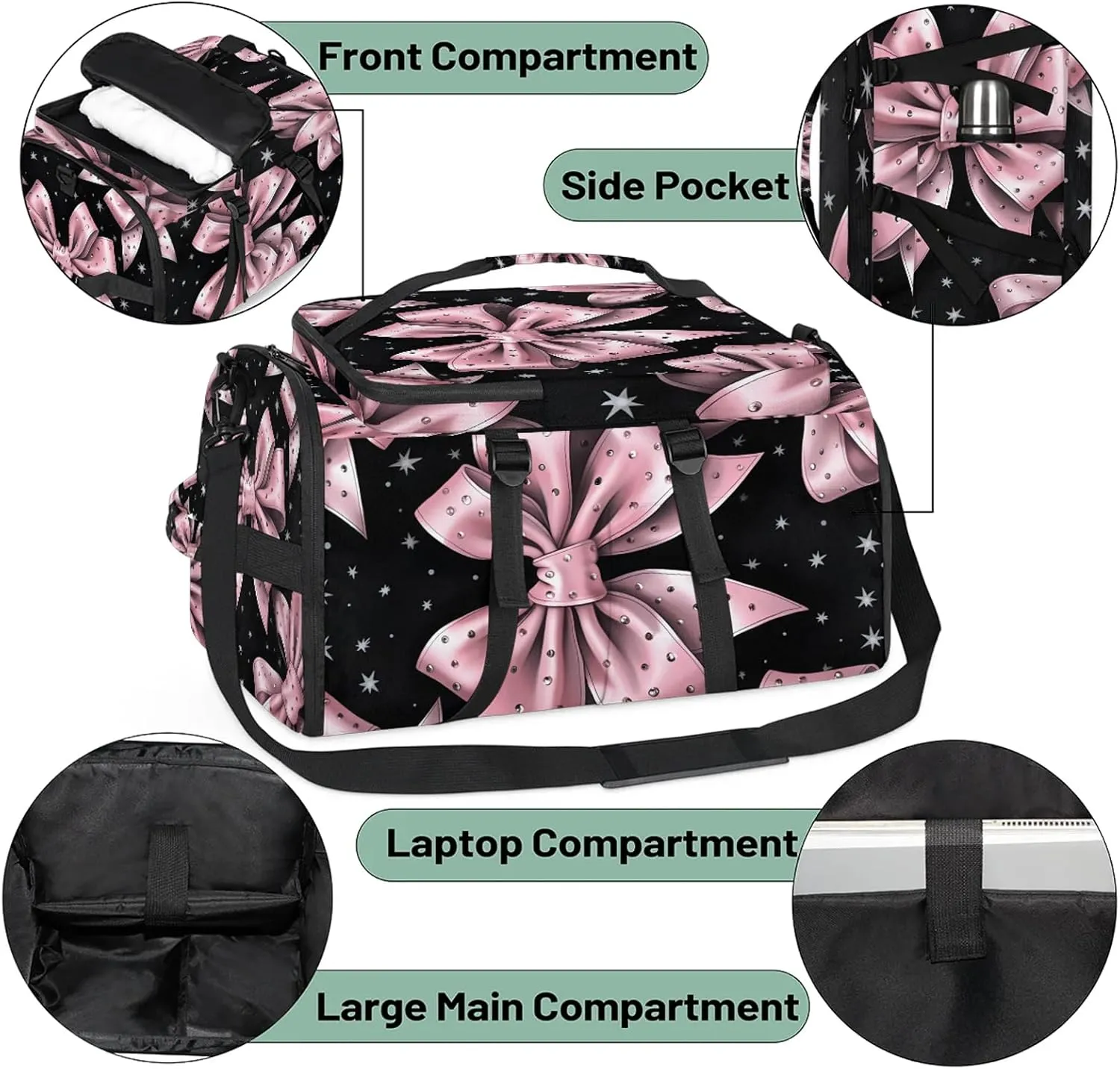 Pink Bowknot Gym Bags for Men Women Sports Backpack with Shoe Compartment 3-in-1 Tactical Duffle Bag for Overnight Weekender Travel