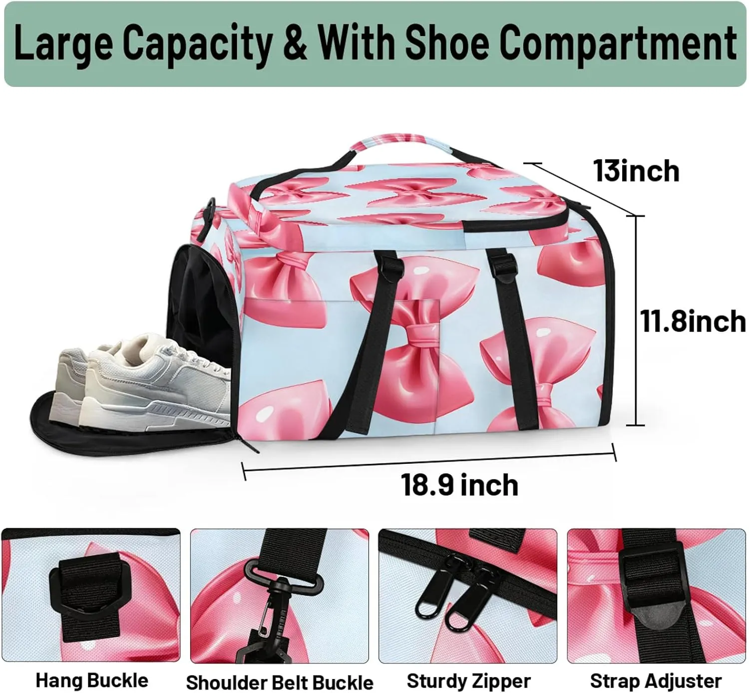 Pink Bowknot Printed Gym Bags for Men Women Sports Backpack with Shoe Compartment 3-in-1 Tactical Duffle Bag for Overnight Weekender Travel