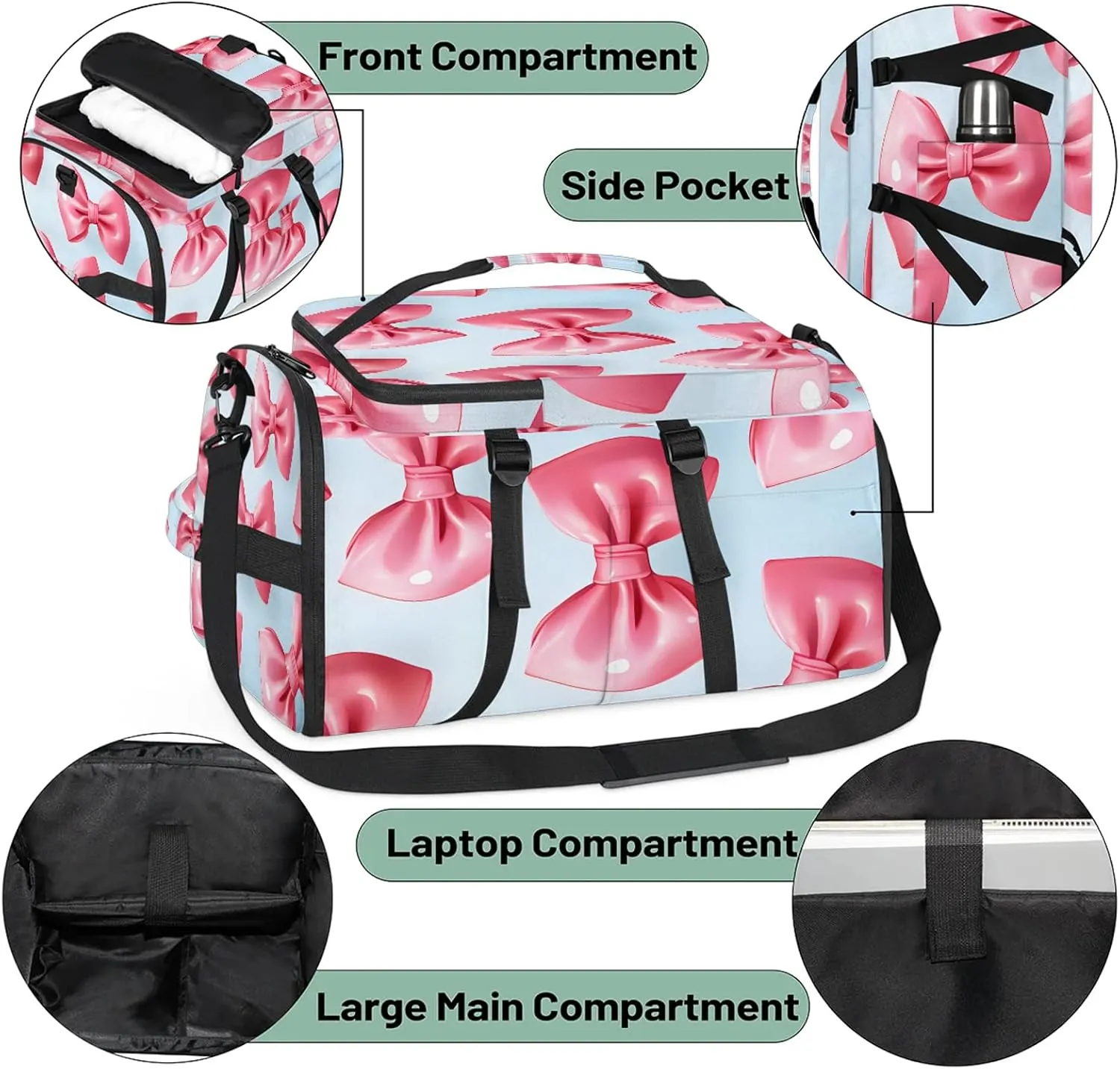 Pink Bowknot Printed Gym Bags for Men Women Sports Backpack with Shoe Compartment 3-in-1 Tactical Duffle Bag for Overnight Weekender Travel