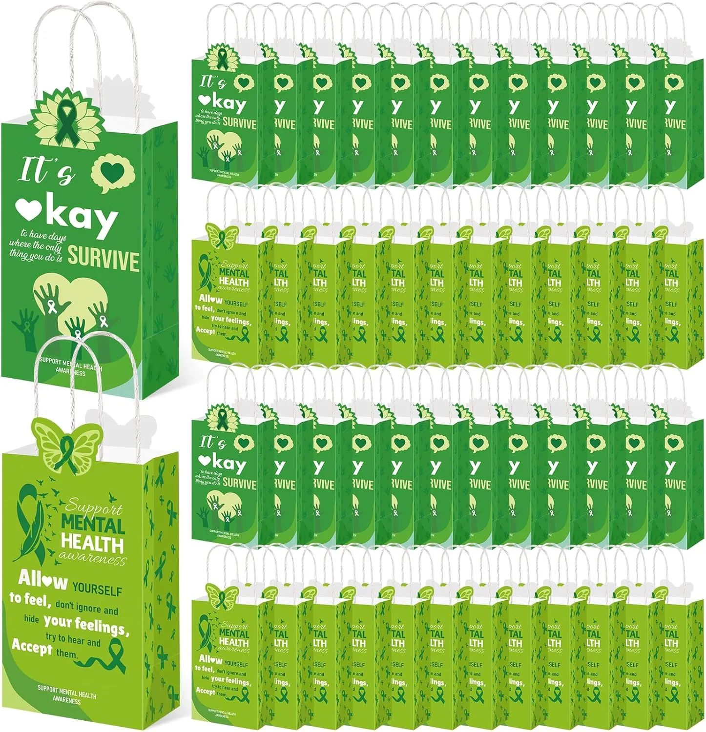 Piuaeue 50 Pcs Mental Health Awareness Month Paper Bags Bulk Green Awareness Ribbon Favors Bags for Mental Health Month Party Gifts Supplies