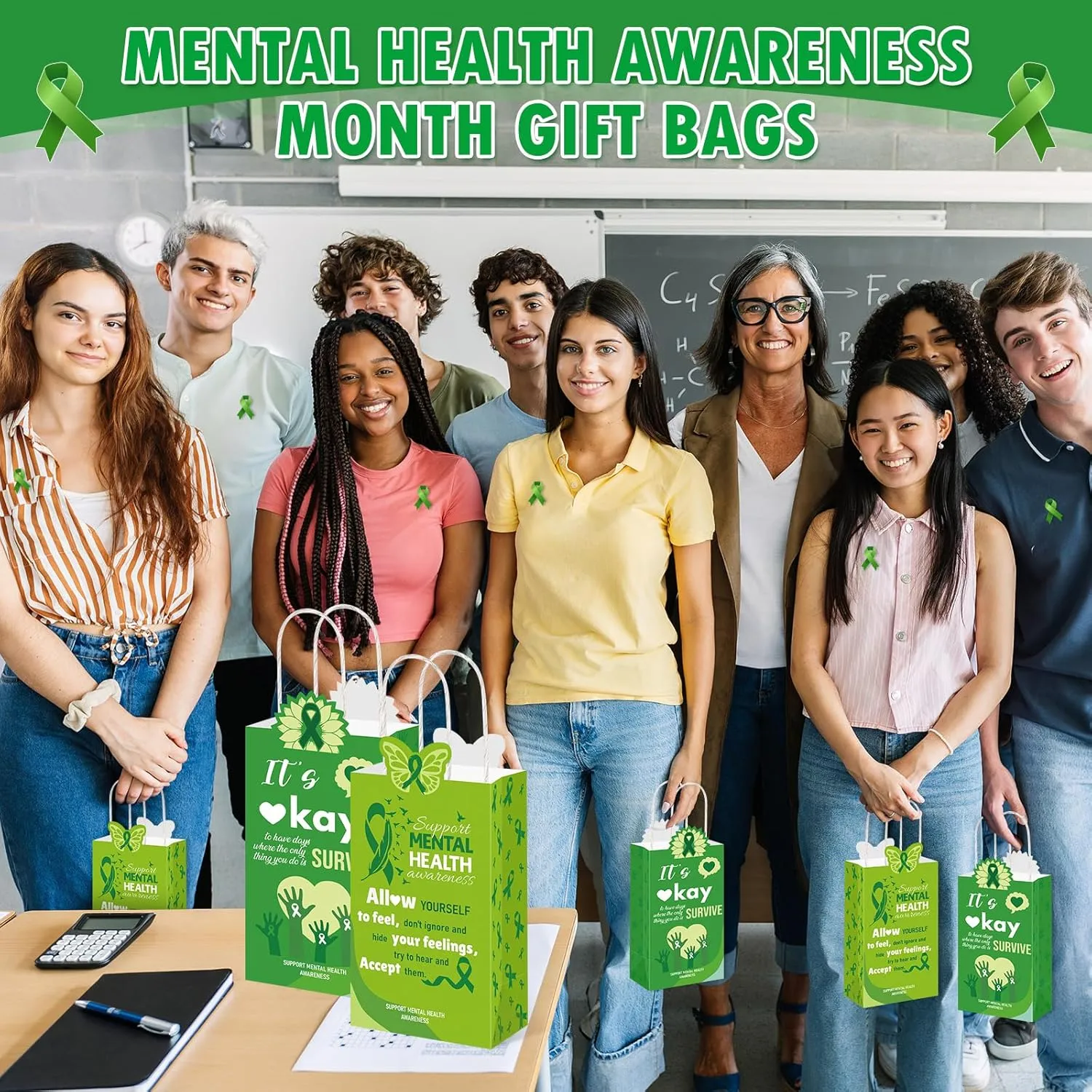 Piuaeue 50 Pcs Mental Health Awareness Month Paper Bags Bulk Green Awareness Ribbon Favors Bags for Mental Health Month Party Gifts Supplies