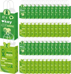 Piuaeue 50 Pcs Mental Health Awareness Month Paper Bags Bulk Green Awareness Ribbon Favors Bags for Mental Health Month Party Gifts Supplies
