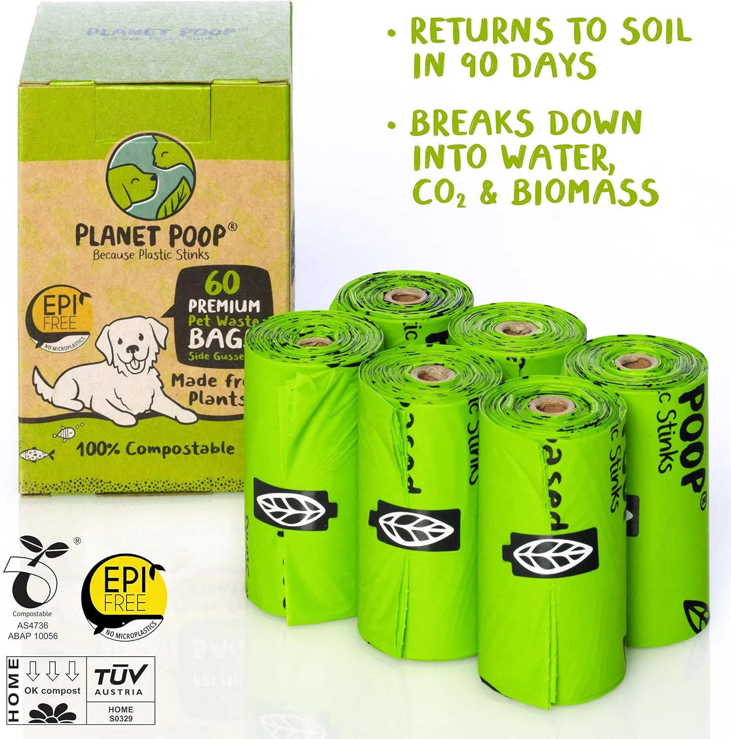 PLANET POOP Home Compostable Dog Poop Bags, 60 Premium Pet Waste Bags on Refill Rolls for Dogs, Un-Scented Dog Waste Bags, Thick Leakproof Doggy Cat Bag, Plant-Based Pet Supplies