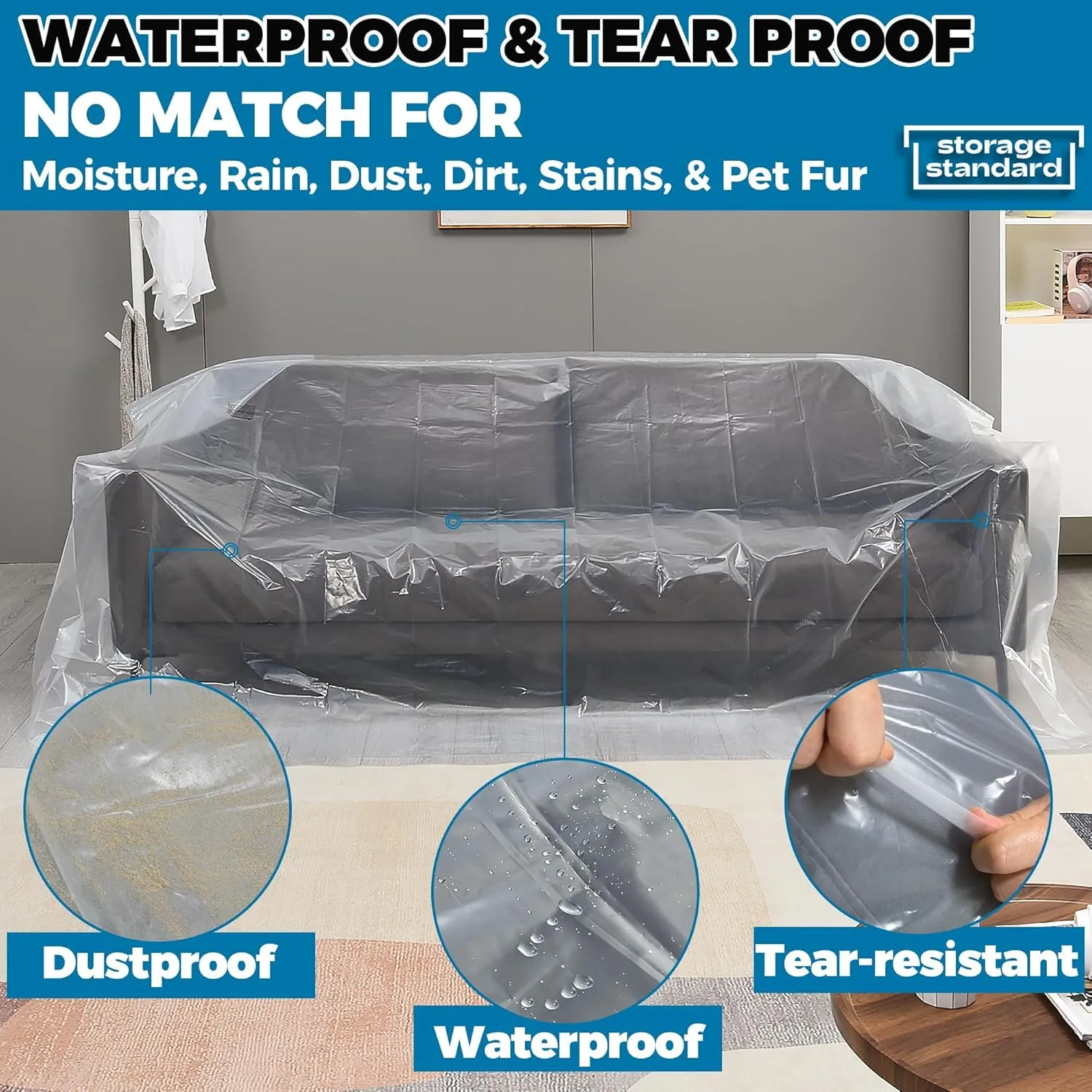 Plastic Furniture Covers for Moving - Heavy-Duty Couch Cover for Sofa, Waterproof & Dustproof Clear Moving Bags for Renovation, Wrap or Storage - Extra Large Bag Open Size 96 x 42 x 62 Inch
