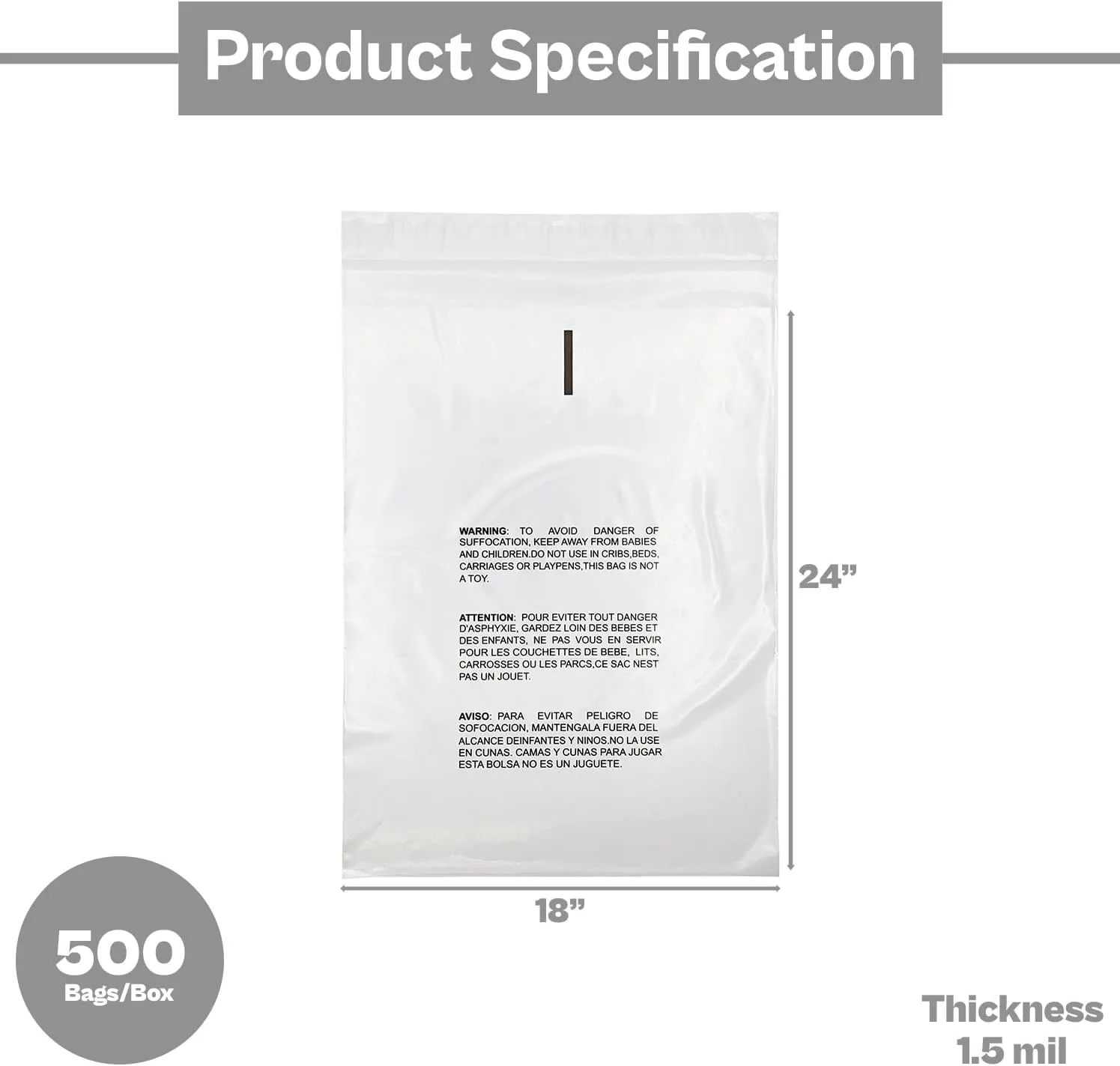 Plastic Resealable Bag, Clear Suffocation Warning Poly Bags, 18 x 24 Inch, 1.5 Mil, 500 Pack