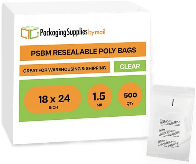Plastic Resealable Bag, Clear Suffocation Warning Poly Bags, 18 x 24 Inch, 1.5 Mil, 500 Pack