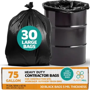 PlasticMill Contractor Bags Heavy Duty - Commercial, Industrial Garbage Bags - Black Construction Trash Bags - Outdoor, Garden Trash Bags, 75-Gallon, 5 Mil, 58"x60" (30-Count)