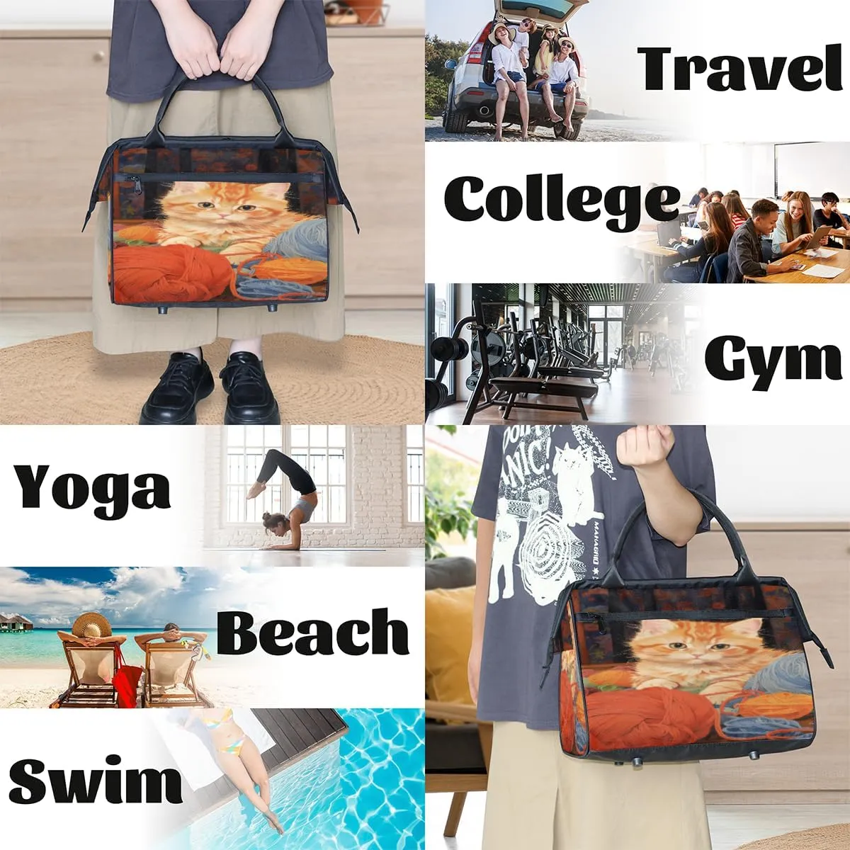 Playful Kitten Yarn Ball Travel Duffle Bag, Waterproof Duffel Bag Weekender Overnight Carry On Bag Lightweight Sport Gym Bag for Men Women