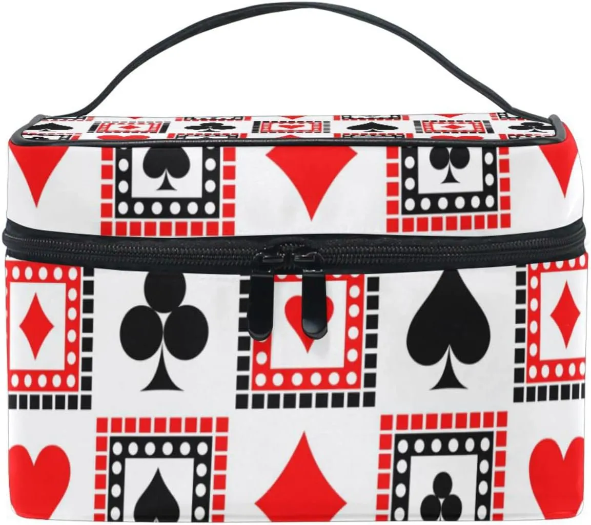 Playing Cards Bright Red, Black, White Symmetrical Geometric Beauty Cosmetic with Zipper Brush Portable Storage Bag, Fashion printing Toiletry, Durable Travel Organizer Tote Unisex Gifts