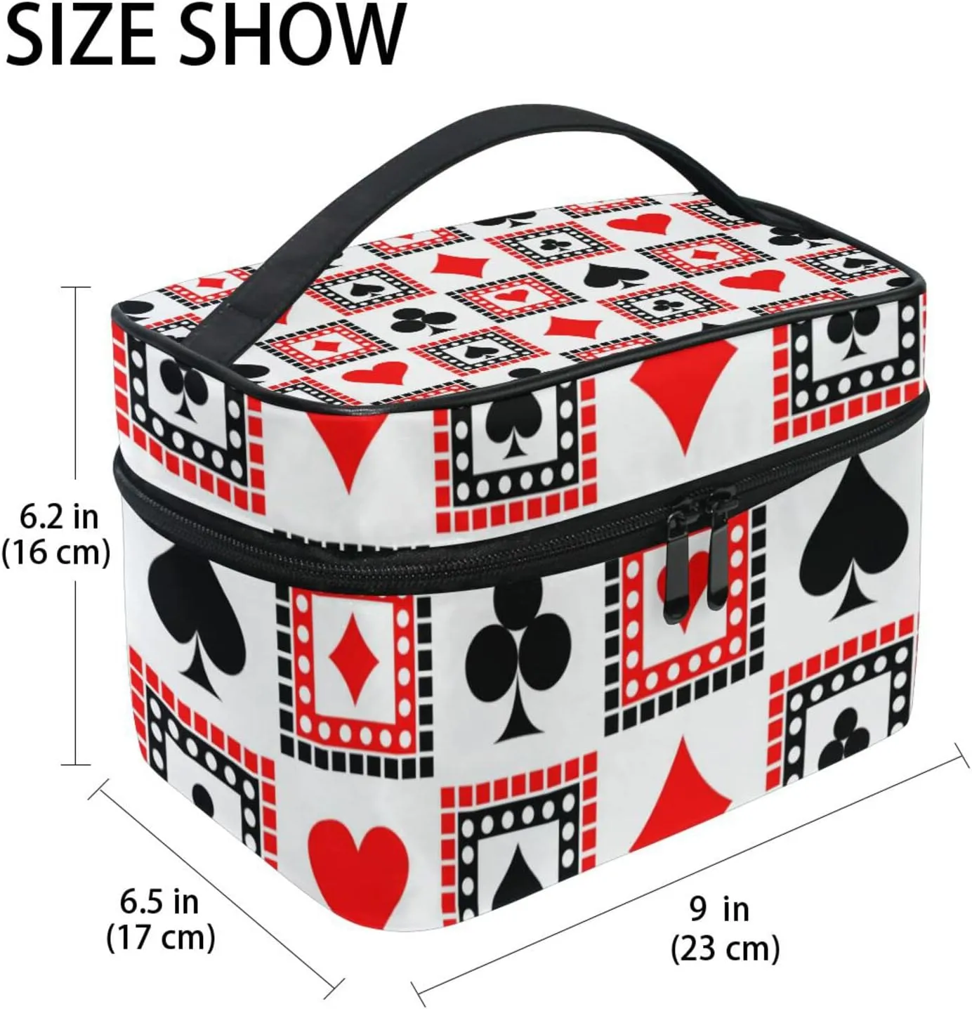 Playing Cards Bright Red, Black, White Symmetrical Geometric Beauty Cosmetic with Zipper Brush Portable Storage Bag, Fashion printing Toiletry, Durable Travel Organizer Tote Unisex Gifts