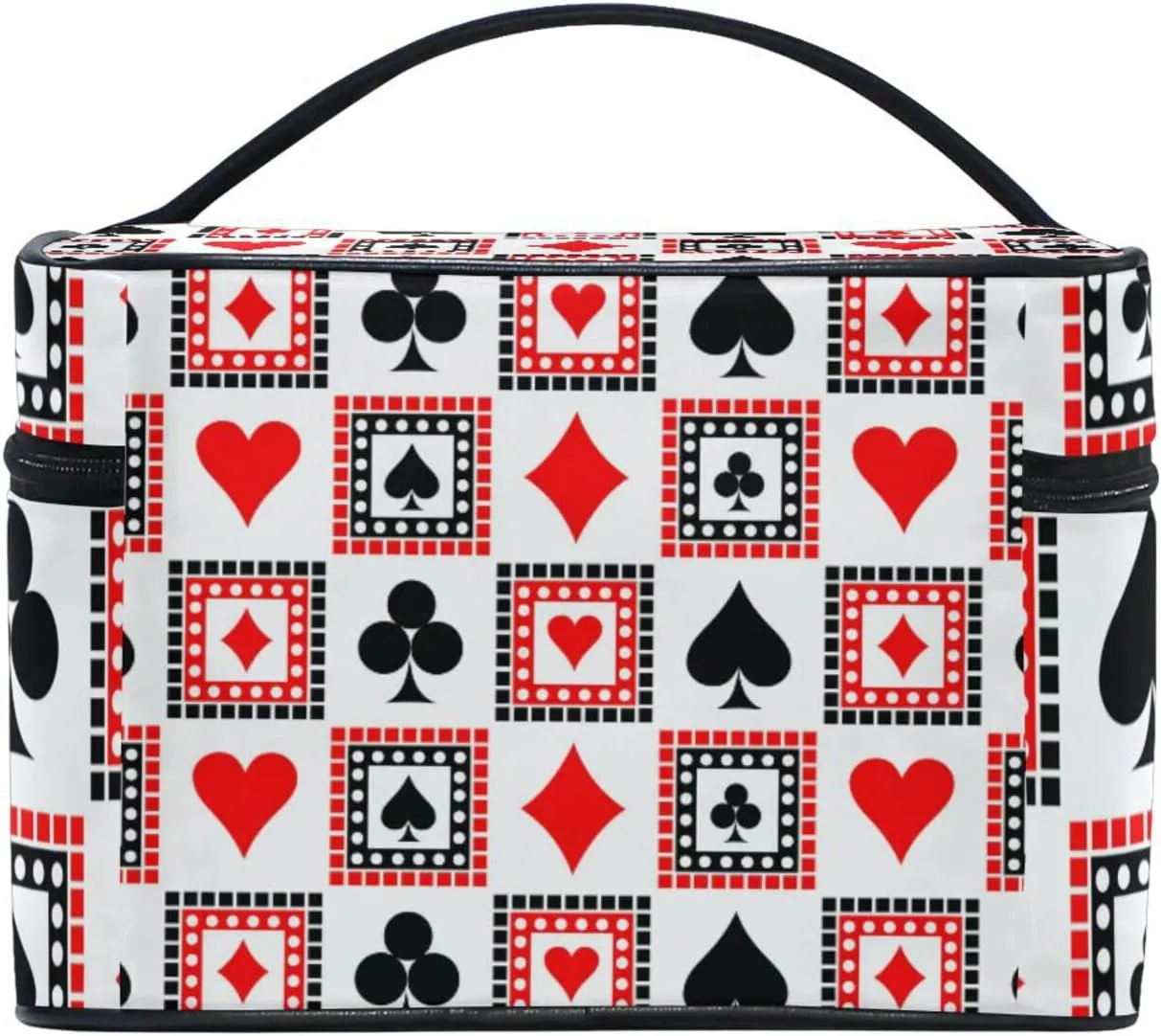 Playing Cards Bright Red, Black, White Symmetrical Geometric Beauty Cosmetic with Zipper Brush Portable Storage Bag, Fashion printing Toiletry, Durable Travel Organizer Tote Unisex Gifts