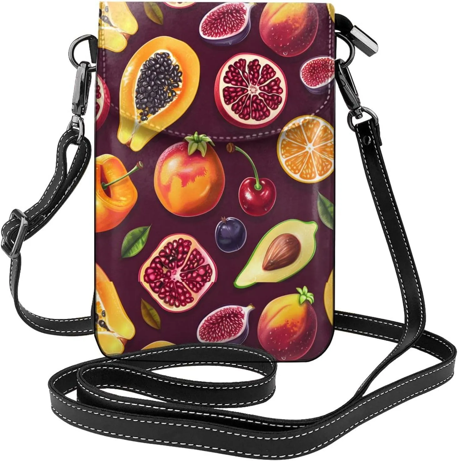 Pomegranate Papaya Fruit Small Crossbody Bags for Women Travel Cell Phone Pouch PU Leather Cross Body Bag Adjustable Shoulder Strap Phone Purses Lightweight Wallet Purse with Credit Card Slots