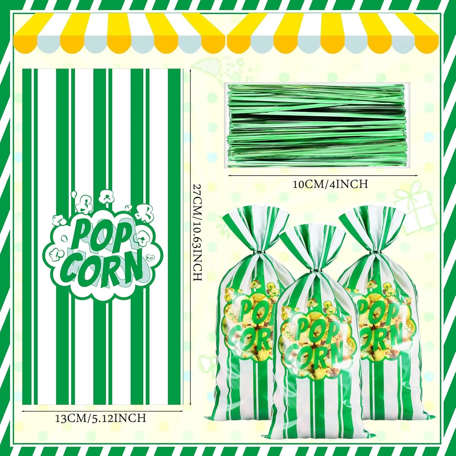 Popcorn Bags Movie Night Popcorn Bags for Party Stripe Cookie Snacks Container with Twist Ties for Graduation Carnival Birthday Party Supplies(Green,200 Pcs)