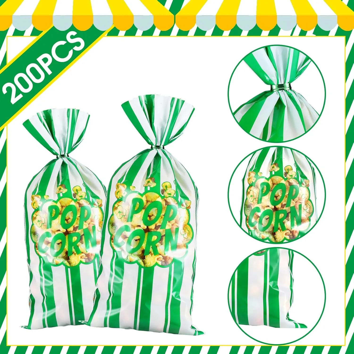 Popcorn Bags Movie Night Popcorn Bags for Party Stripe Cookie Snacks Container with Twist Ties for Graduation Carnival Birthday Party Supplies(Green,200 Pcs)