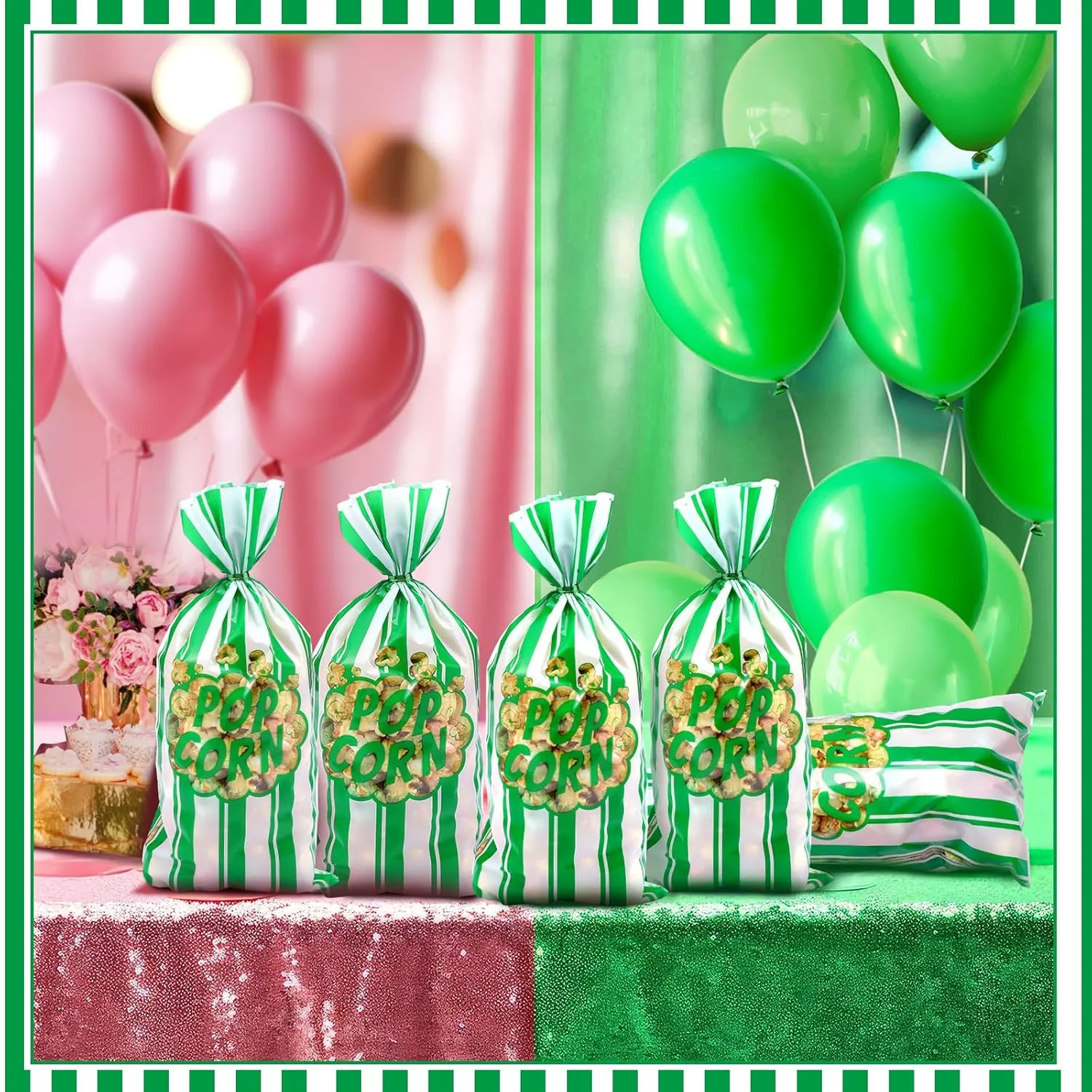 Popcorn Bags Movie Night Popcorn Bags for Party Stripe Cookie Snacks Container with Twist Ties for Graduation Carnival Birthday Party Supplies(Green,200 Pcs)