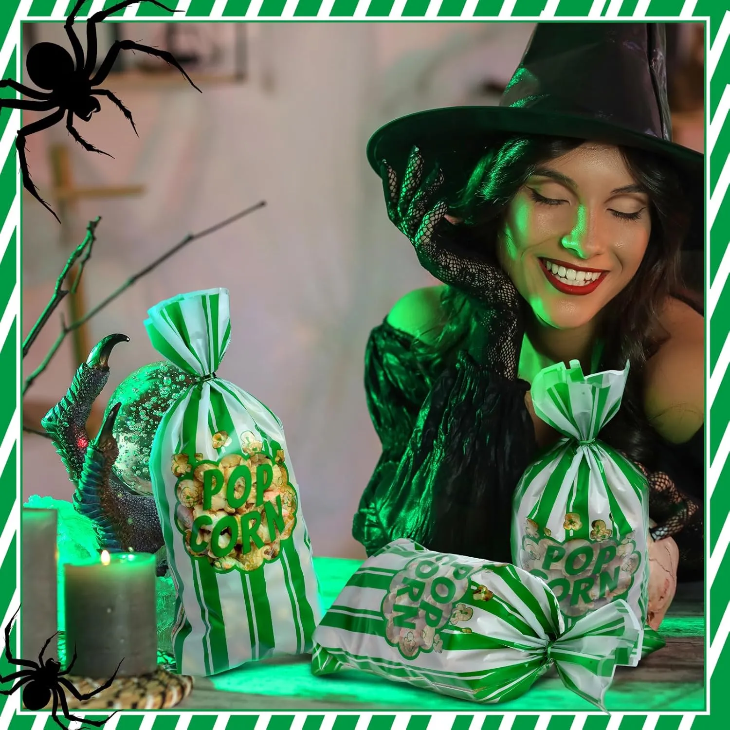 Popcorn Bags Movie Night Popcorn Bags for Party Stripe Cookie Snacks Container with Twist Ties for Graduation Carnival Birthday Party Supplies(Green,200 Pcs)