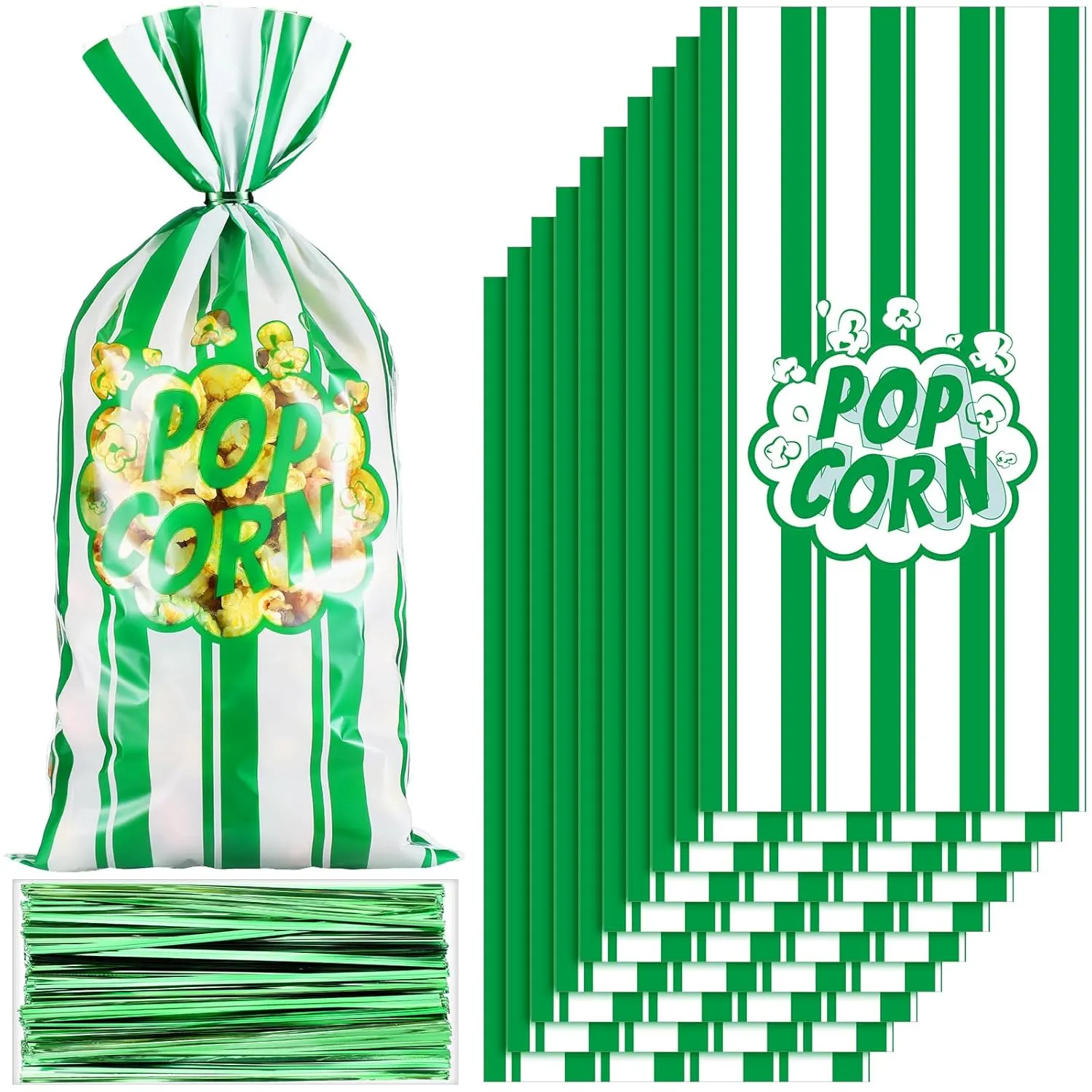 Popcorn Bags Movie Night Popcorn Bags for Party Stripe Cookie Snacks Container with Twist Ties for Graduation Carnival Birthday Party Supplies(Green,200 Pcs)