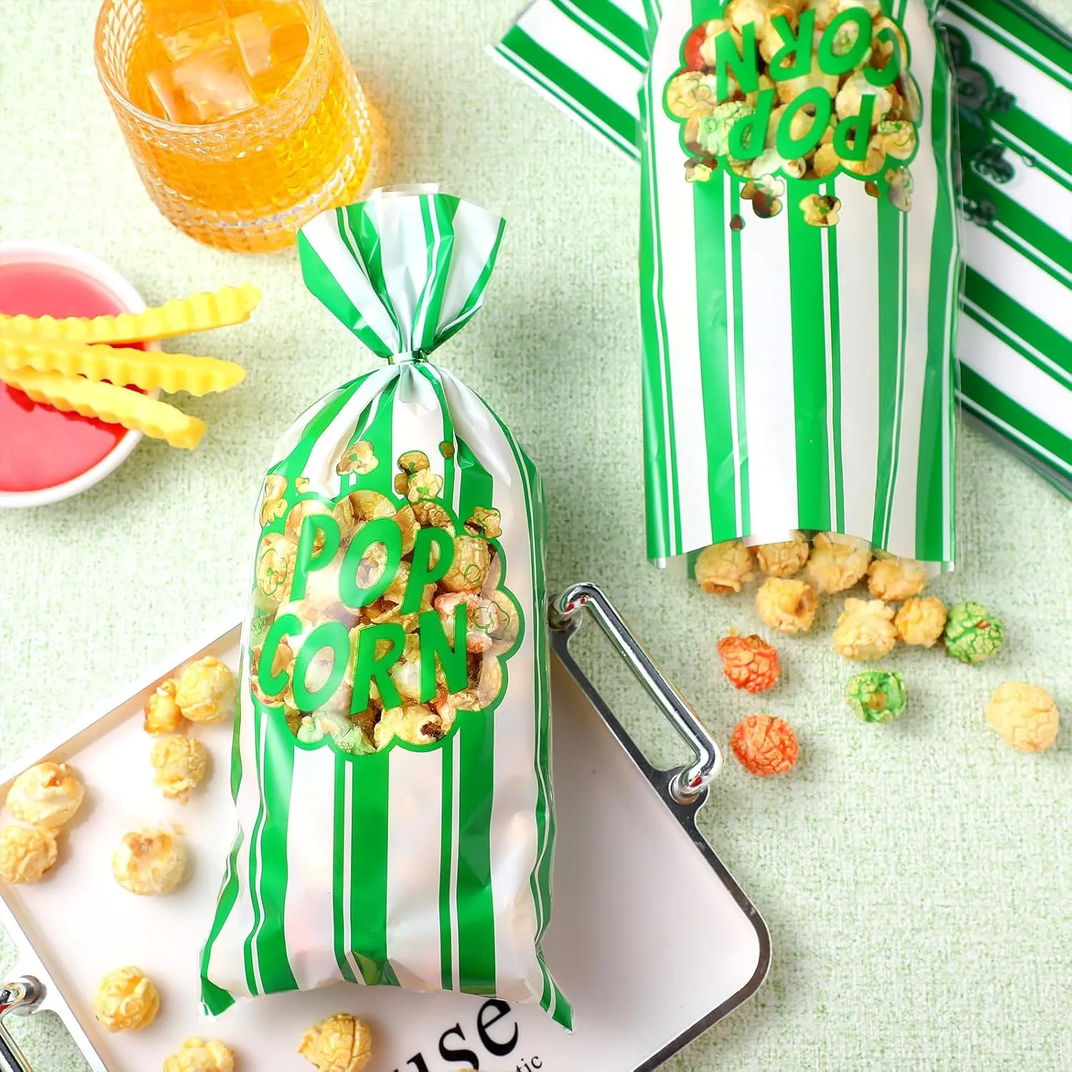 Popcorn Bags Movie Night Popcorn Bags for Party Stripe Cookie Snacks Container with Twist Ties for Graduation Carnival Birthday Party Supplies(Green,200 Pcs)
