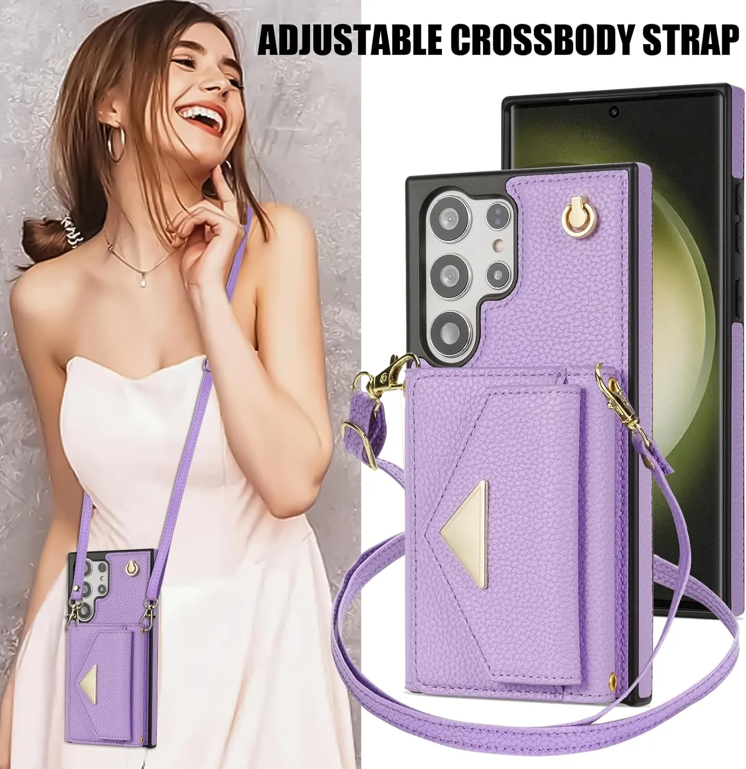 Poqopoq for Samsung Galaxy S24 Ultra 5G Crossbody Wallet Case, 7 Card Slots Leather Wallet Shockproof Cover with Shoulder Strap Kickstand Handbag Magnetic Closure (Purple)