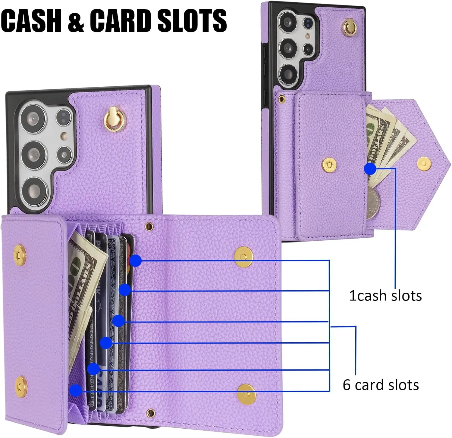 Poqopoq for Samsung Galaxy S24 Ultra 5G Crossbody Wallet Case, 7 Card Slots Leather Wallet Shockproof Cover with Shoulder Strap Kickstand Handbag Magnetic Closure (Purple)
