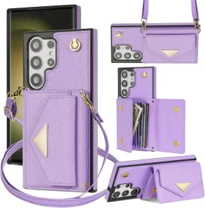 Poqopoq for Samsung Galaxy S24 Ultra 5G Crossbody Wallet Case, 7 Card Slots Leather Wallet Shockproof Cover with Shoulder Strap Kickstand Handbag Magnetic Closure (Purple)