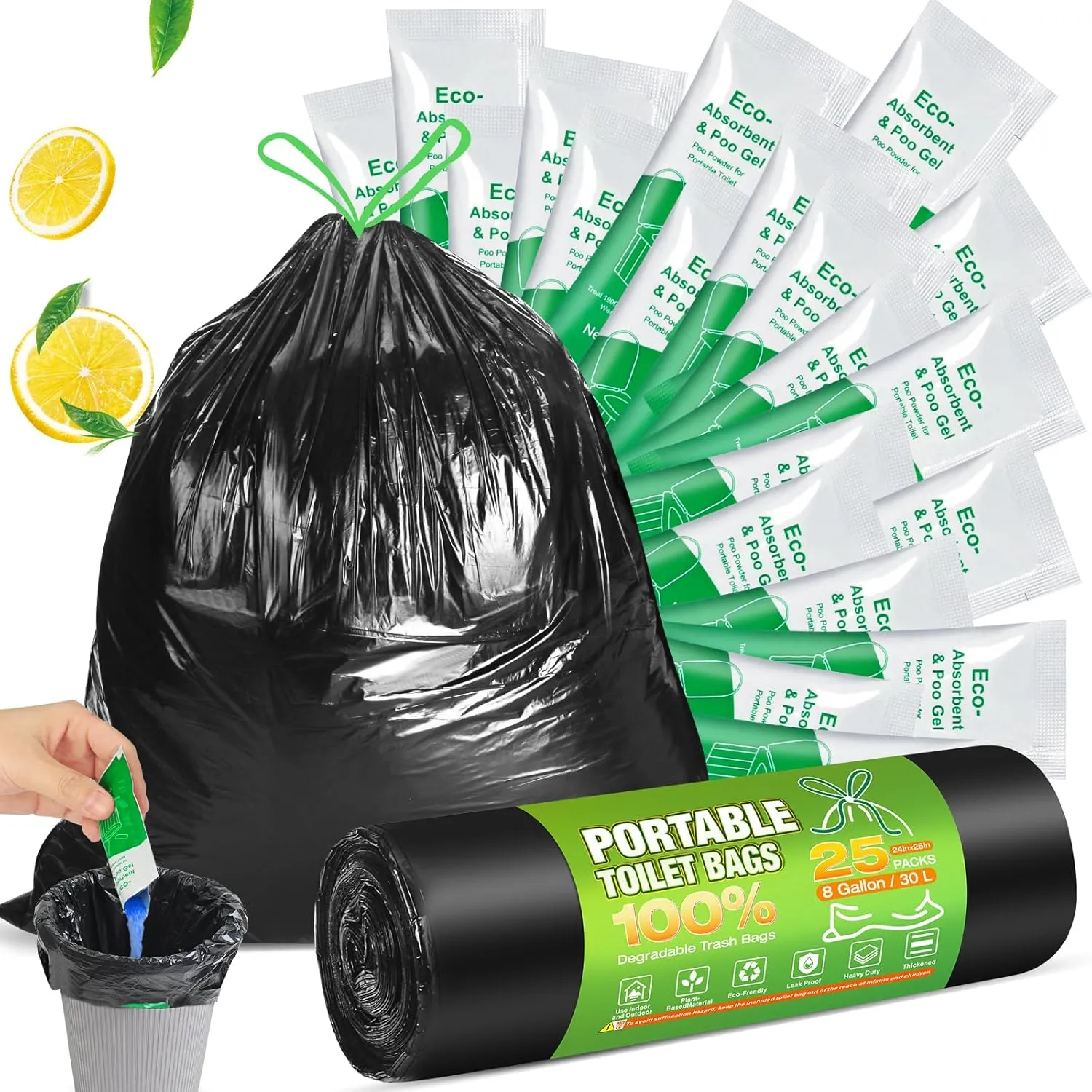 Portable Toilet Bags Poo Gel Set,Camping Toilet Bags with Drawstring and Absorbent Gel Pee Powder for Camping Toilet Potty Traveling RV Trip Car Emergency Outdoor Camping Supplies
