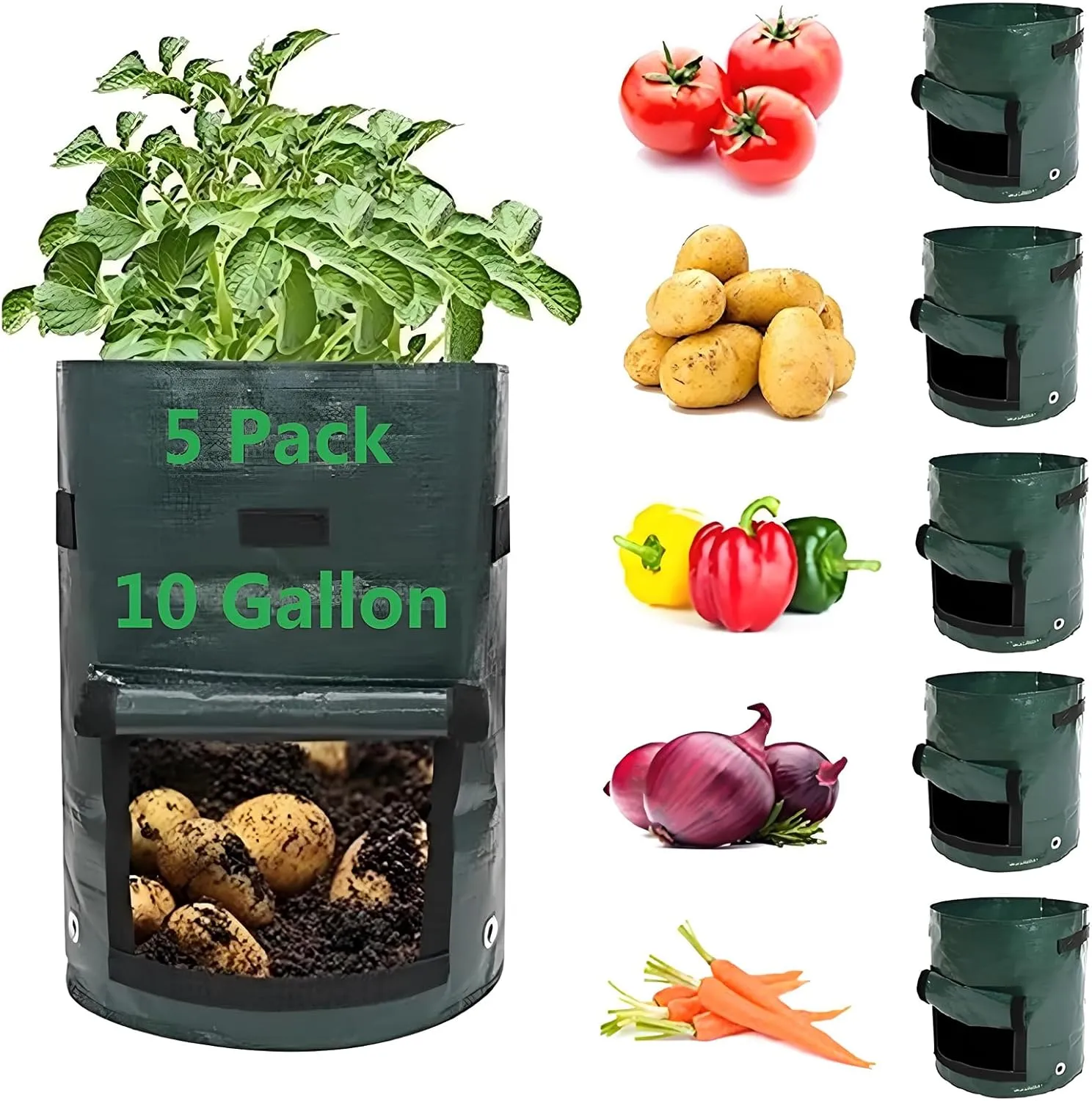 Potato Grow Bags,(5 Pack 10 Gallon) Garden Vegetables Growing Planter with Handles and Access Flap for Planting Potato Carrot Onion Taro Radish Peanut,Green