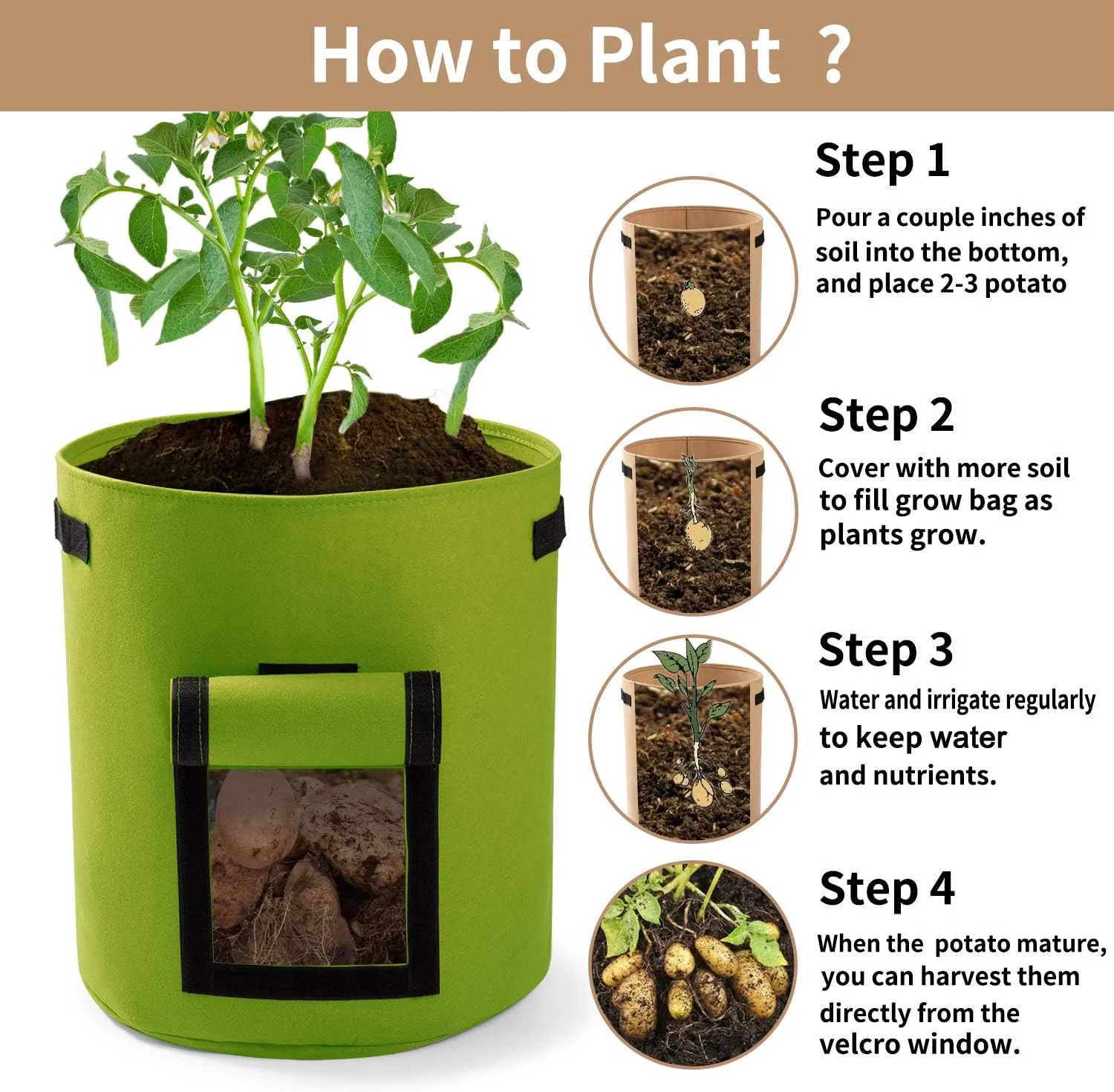 Potato Planter Bags 3-Pack 7 Gallons Grow Bags Aeration Tomato Plant Pots with Flap and Handles (Green)