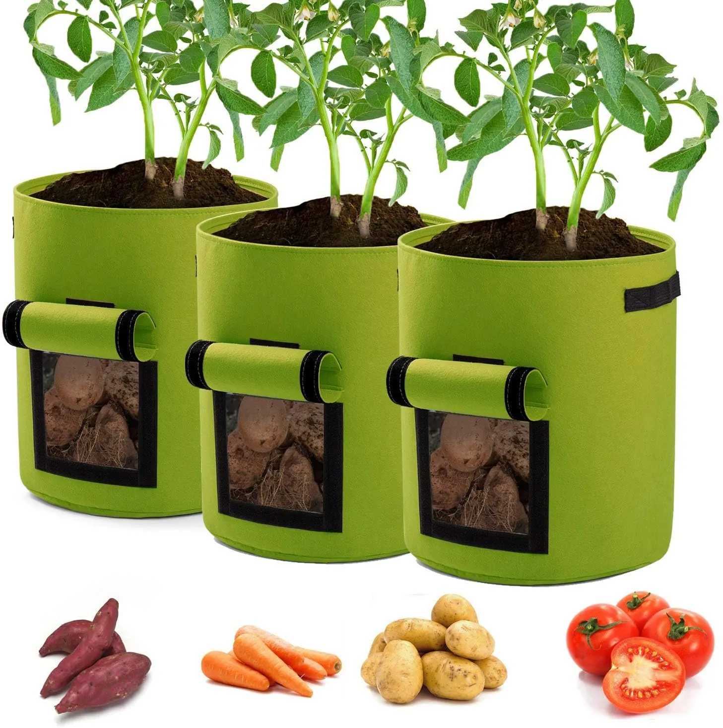 Potato Planter Bags 3-Pack 7 Gallons Grow Bags Aeration Tomato Plant Pots with Flap and Handles (Green)