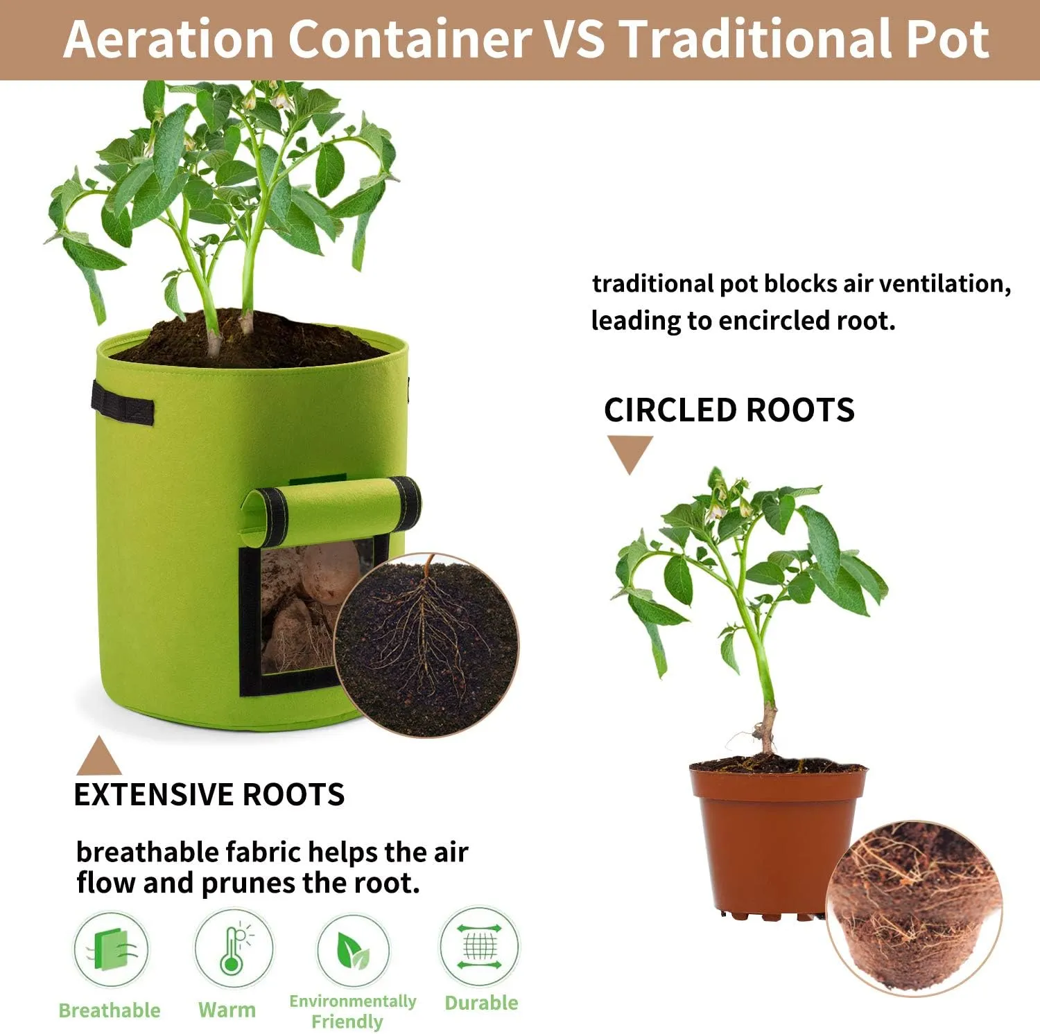 Potato Planter Bags 3-Pack 7 Gallons Grow Bags Aeration Tomato Plant Pots with Flap and Handles (Green)