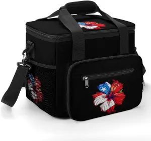 PR State Culture Roots Amapola Boricua Flag Hibiscus Cooler Bag Large Lunch Bag Car Cooler Insulated Thermal Bag Cooler Tote Bag for Travel Picnic Beach