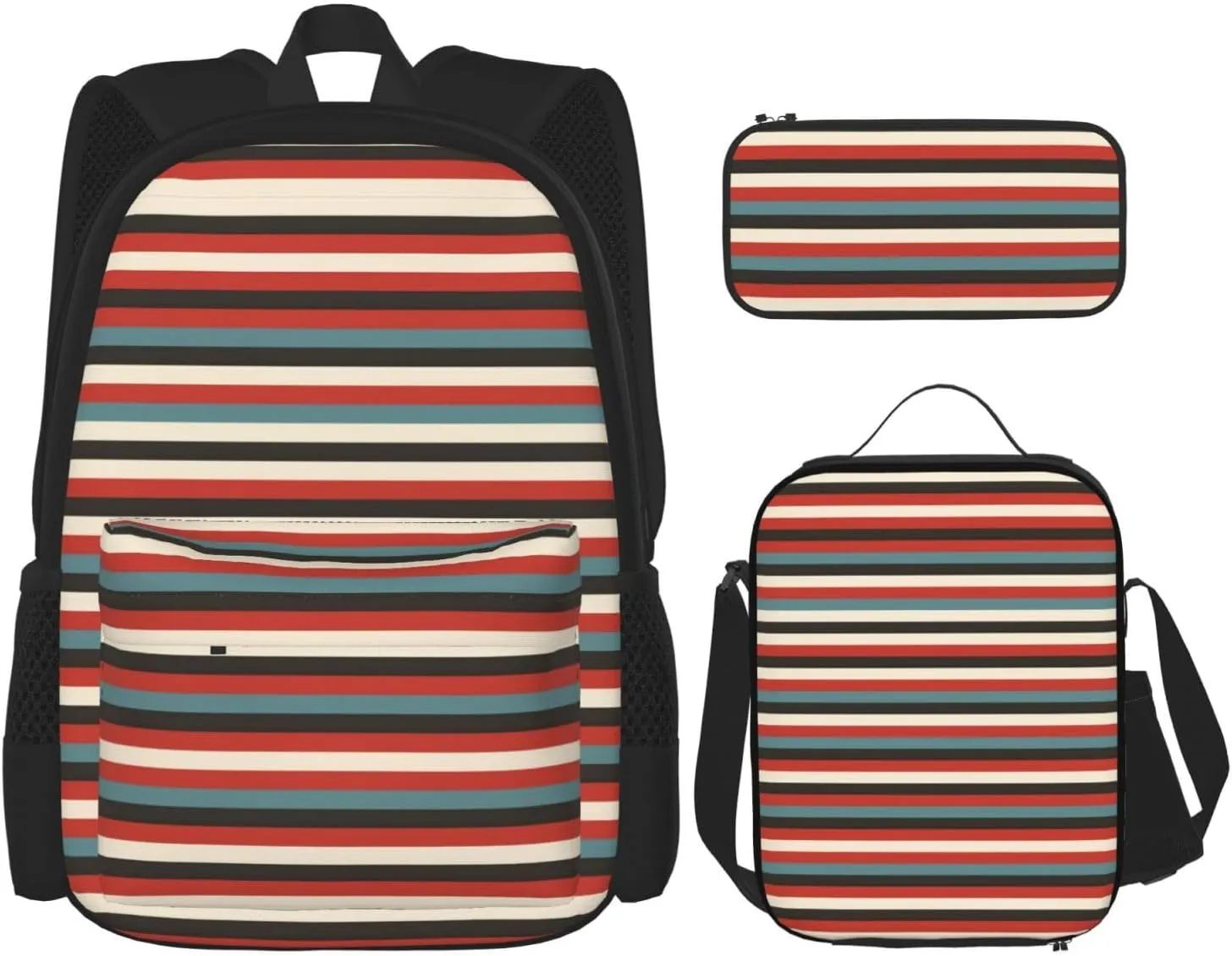 Premium Fashion Striped Print 3-in-1 Backpack Set with Lunch Bag & Pencil Case Portable Bag Set