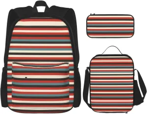Premium Fashion Striped Print 3-in-1 Backpack Set with Lunch Bag & Pencil Case Portable Bag Set