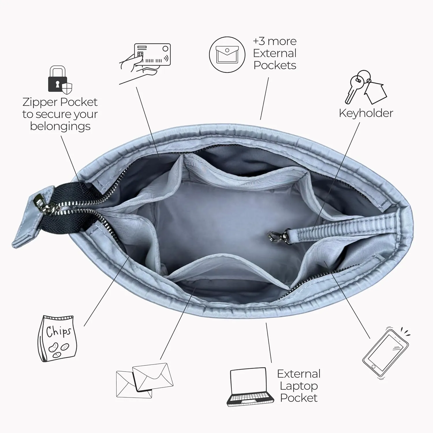 Premium Purse Organizer compatible with Goyard Mini Anjou Bag Organizer Insert, Waterproof Nylon Luxury Fabric, Perfect Fit Oval Shaped with Silver Zipper (For Mini Anjou, Brown)