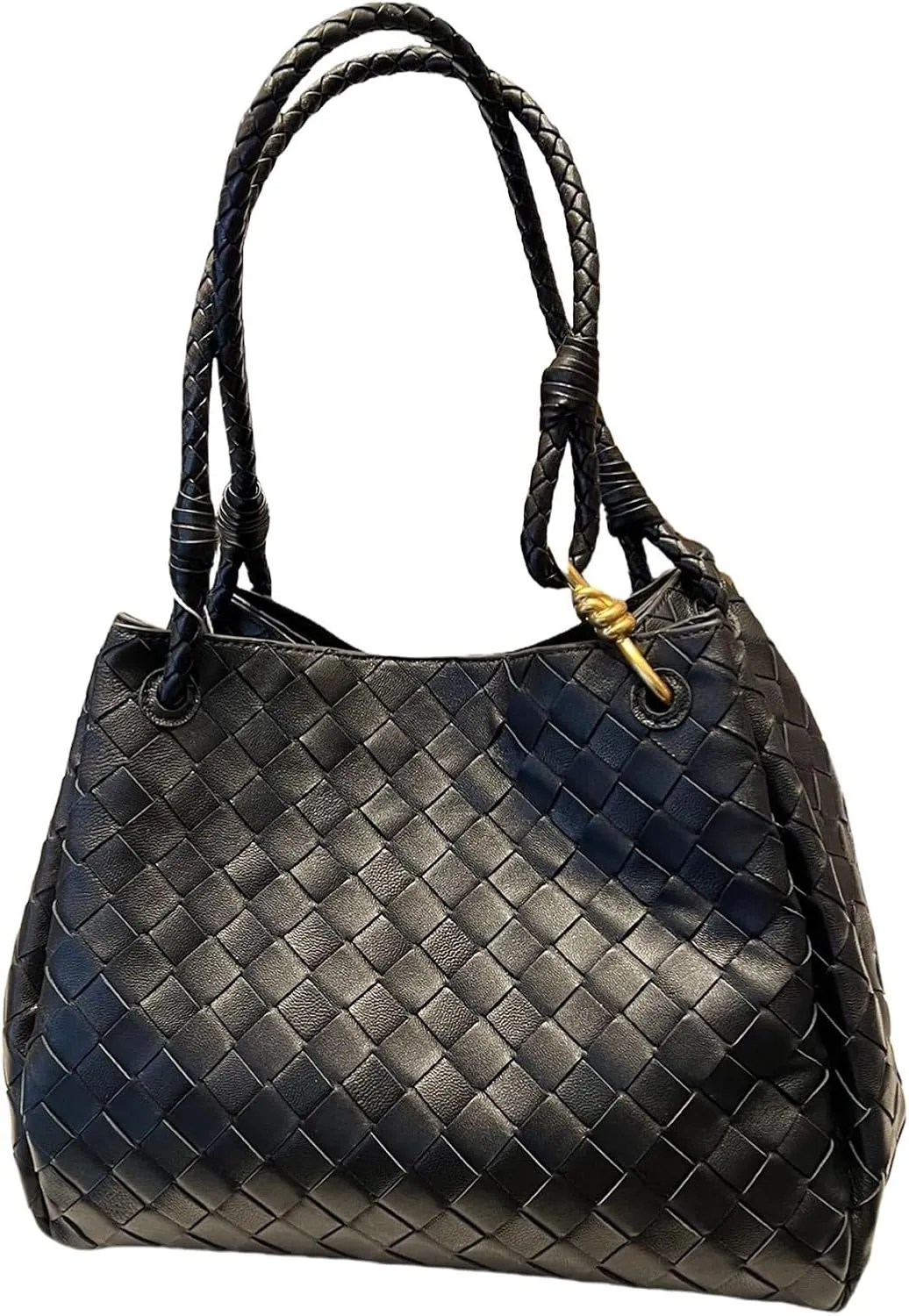 Premium Sheepskin Woven Handbag for Women Metal Cord Buckle Fashion Leather Tote Bag Bucket Bag Purse Large,Black