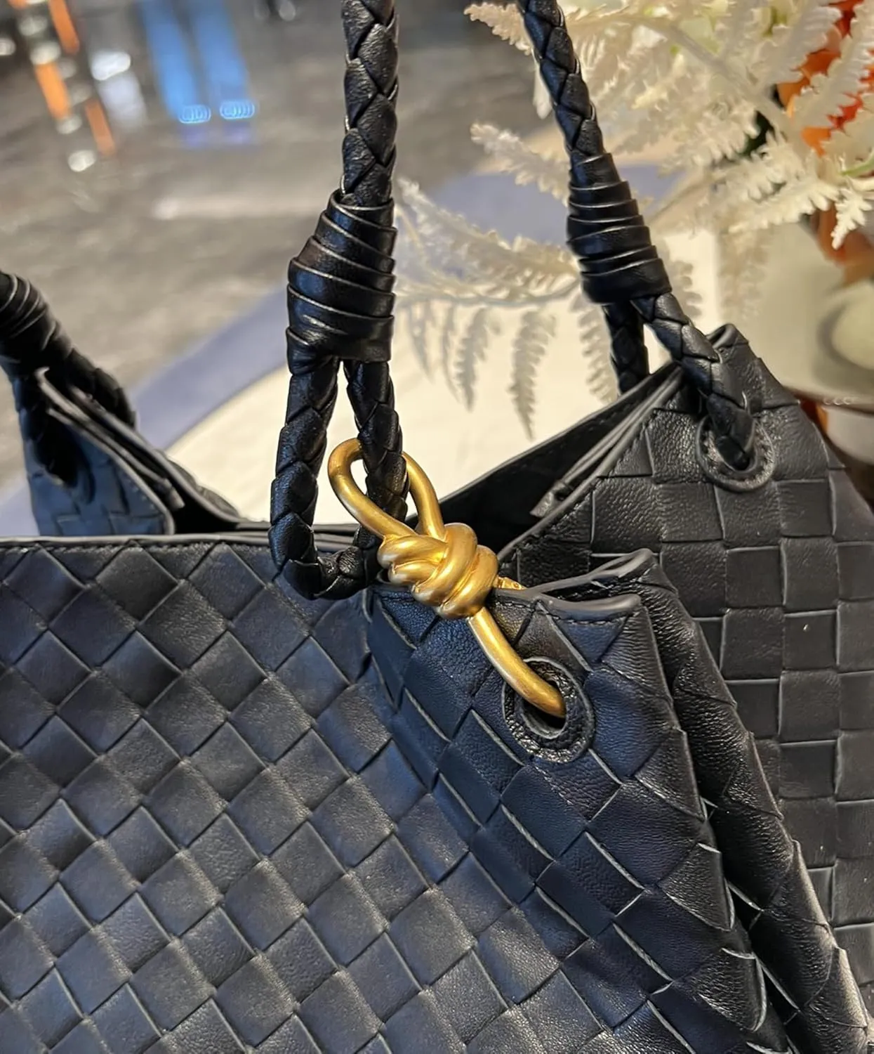 Premium Sheepskin Woven Handbag for Women Metal Cord Buckle Fashion Leather Tote Bag Bucket Bag Purse Large,Black