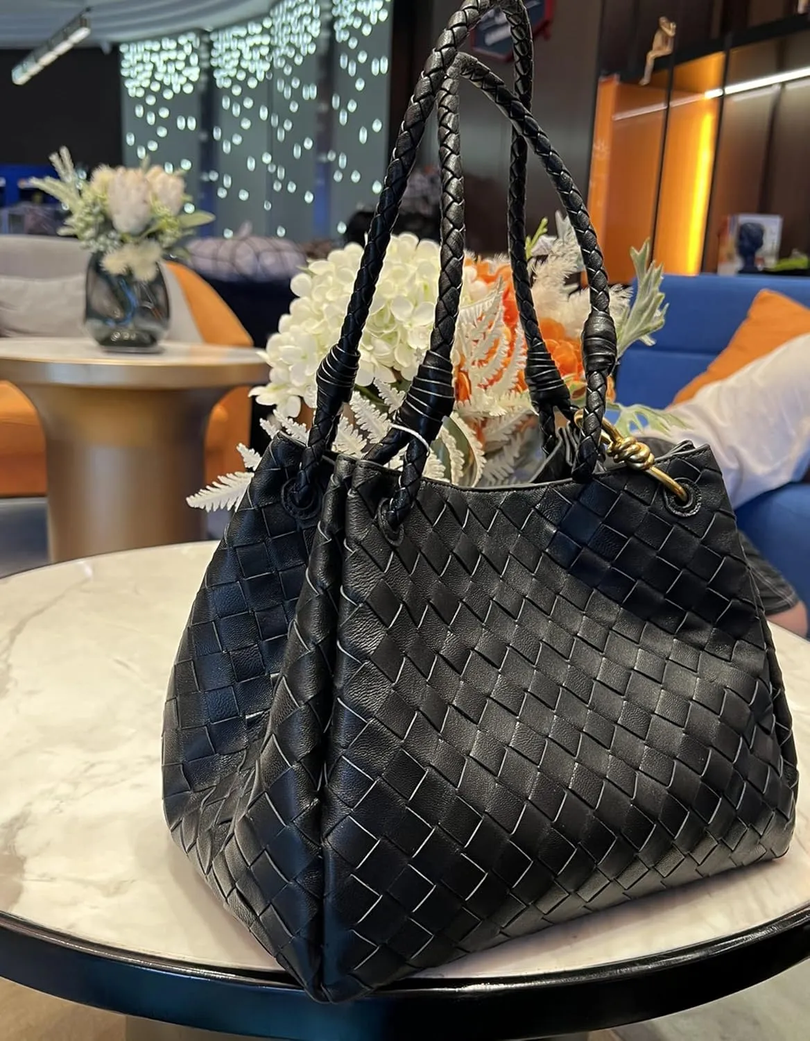 Premium Sheepskin Woven Handbag for Women Metal Cord Buckle Fashion Leather Tote Bag Bucket Bag Purse Large,Black