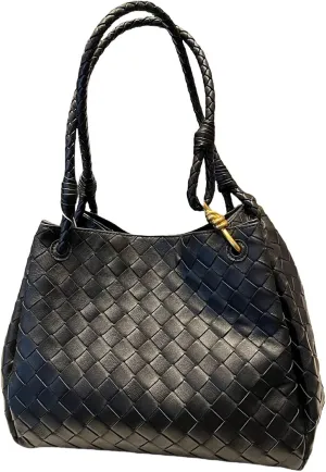 Premium Sheepskin Woven Handbag for Women Metal Cord Buckle Fashion Leather Tote Bag Bucket Bag Purse Large,Black