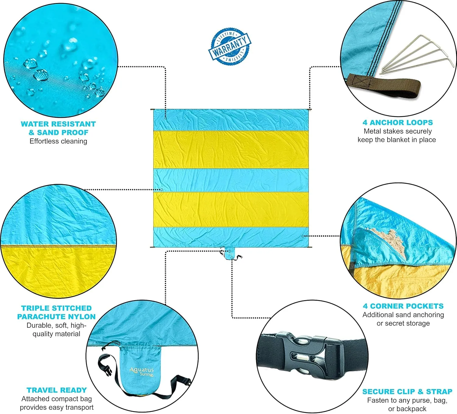 Premium XXL Beach Blanket Sandproof Water Resistant Quick Dry Mat 10ft by 9ft for 1-8 Adults with 4 Metal Stakes, 4 Corner Pockets, Secure Clip and Strap, and Attached Bag