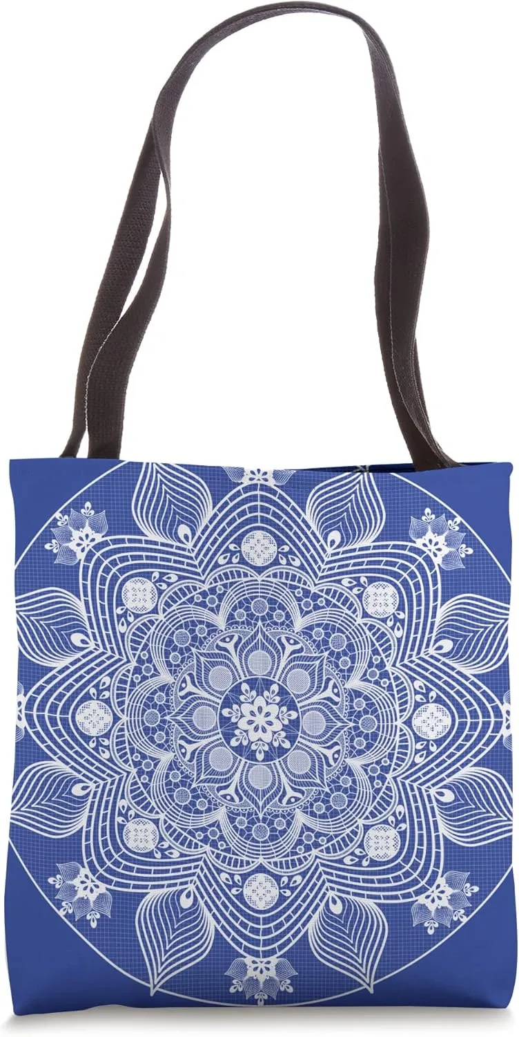 Pretty Feminine Boho Floral White Mandala Flower on Blue Tote Bag