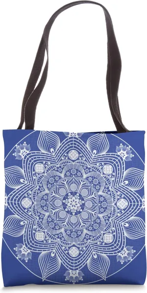 Pretty Feminine Boho Floral White Mandala Flower on Blue Tote Bag